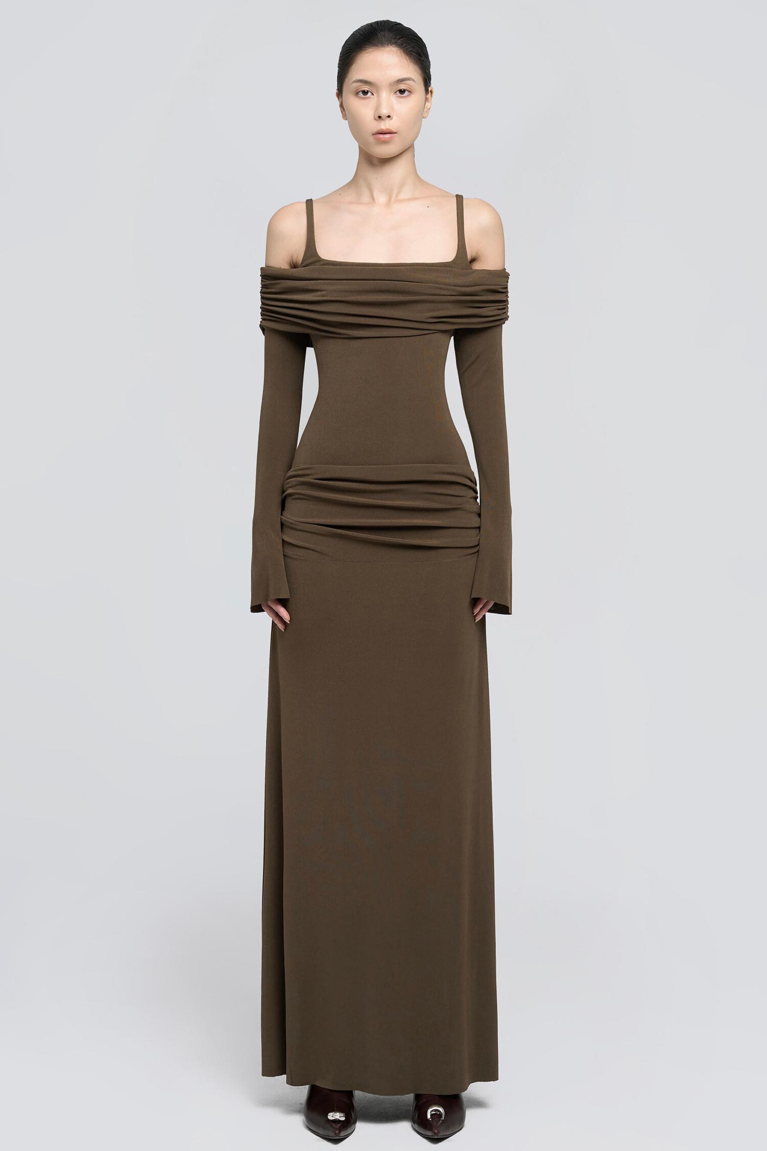 [Copy]Jersey Gathering Long Sleeve Maxi Dress