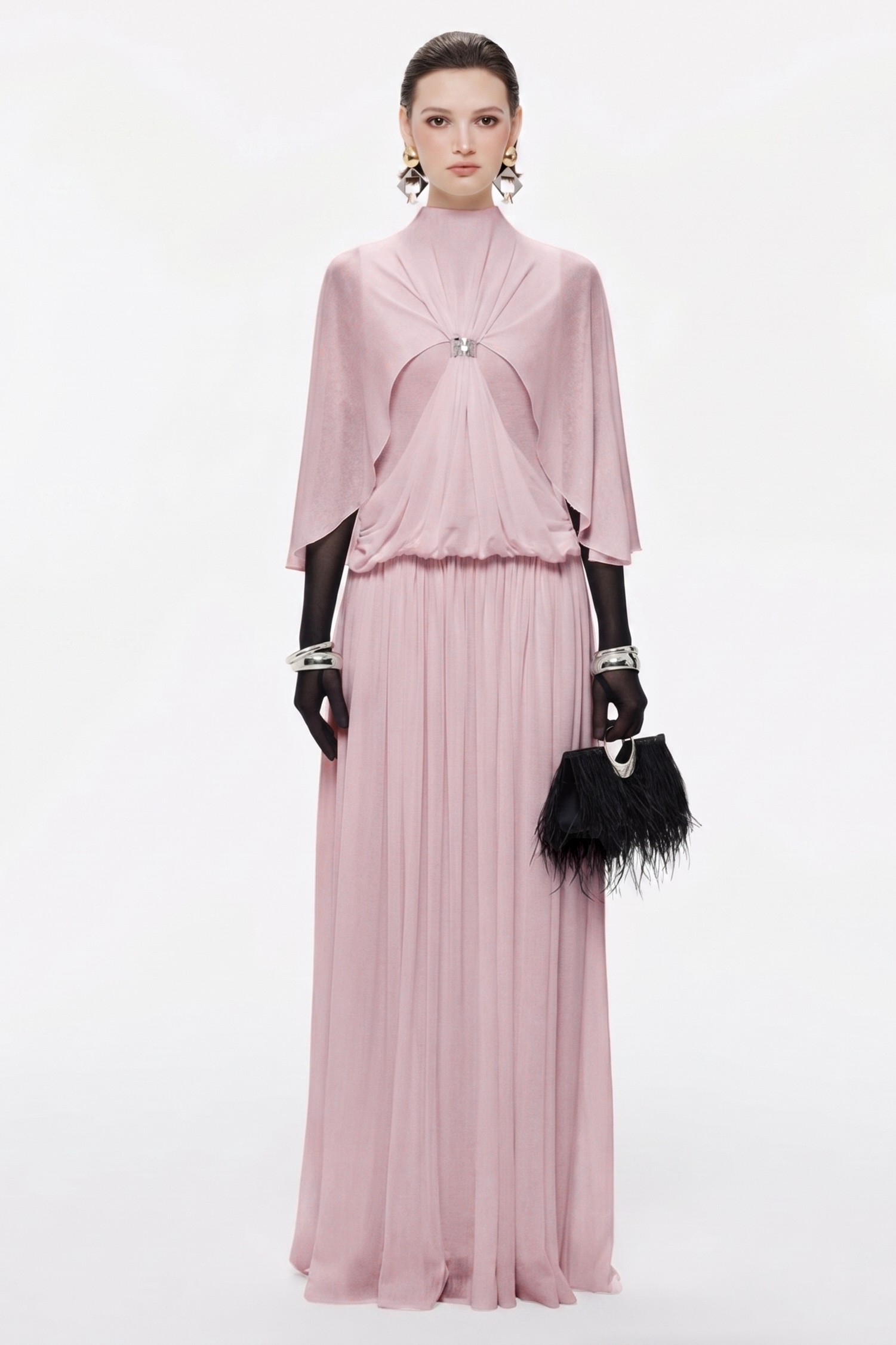 Gathering Metal Decorations Cape Sleeve Maxi Dress