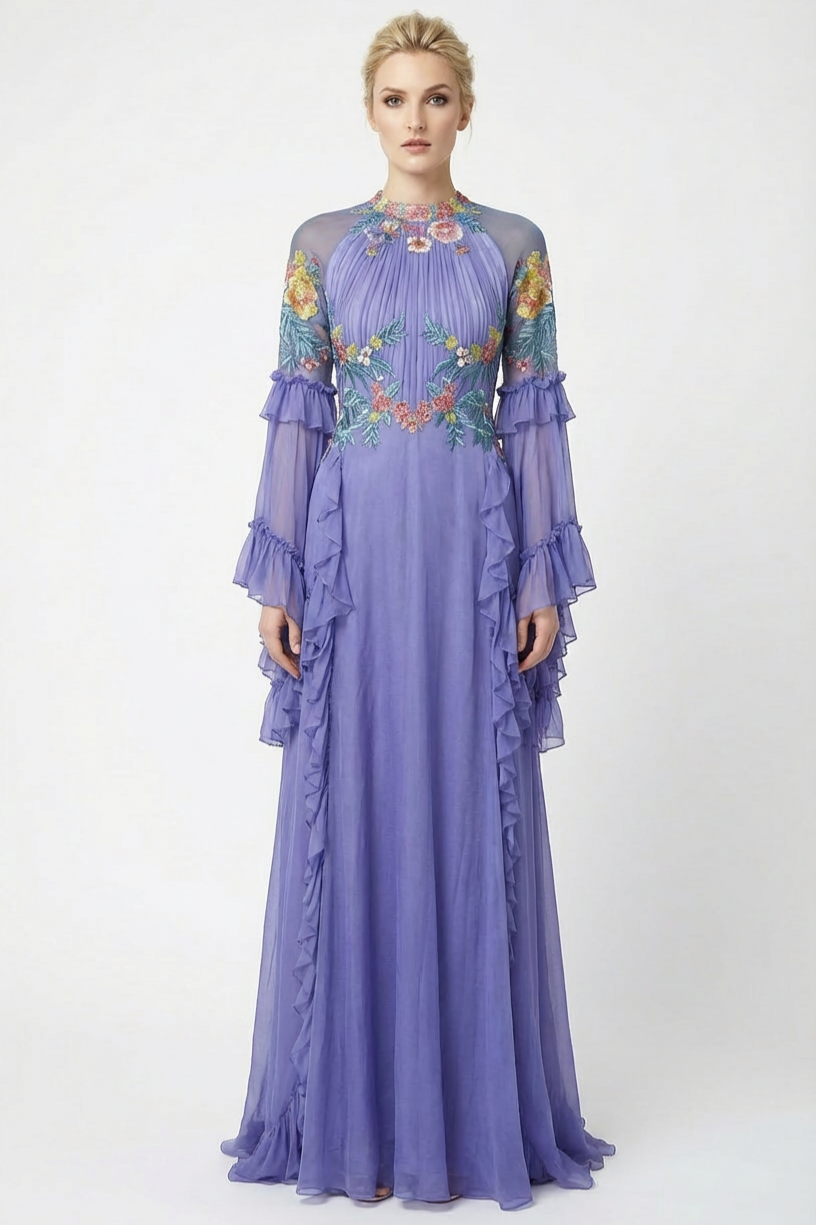 Chiffon Gathering Embroidered Ruffle Maxi Dress