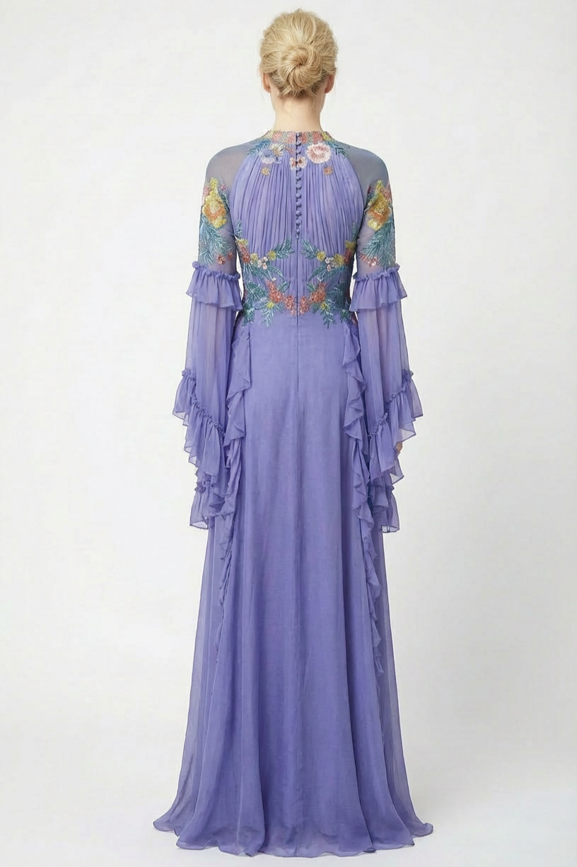 Chiffon Gathering Embroidered Ruffle Maxi Dress