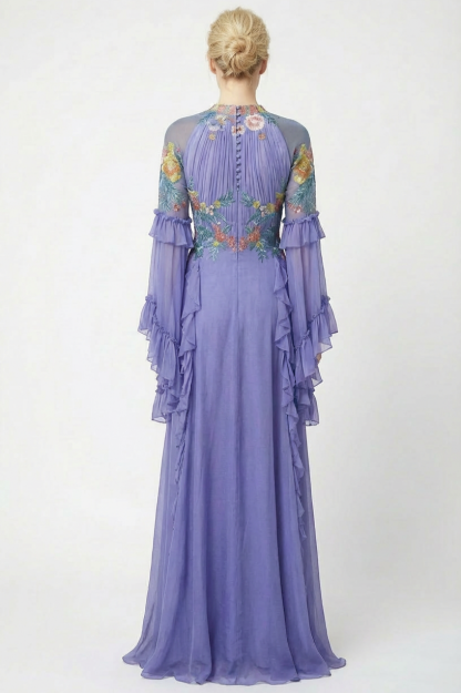 Chiffon Gathering Embroidered Ruffle Maxi Dress