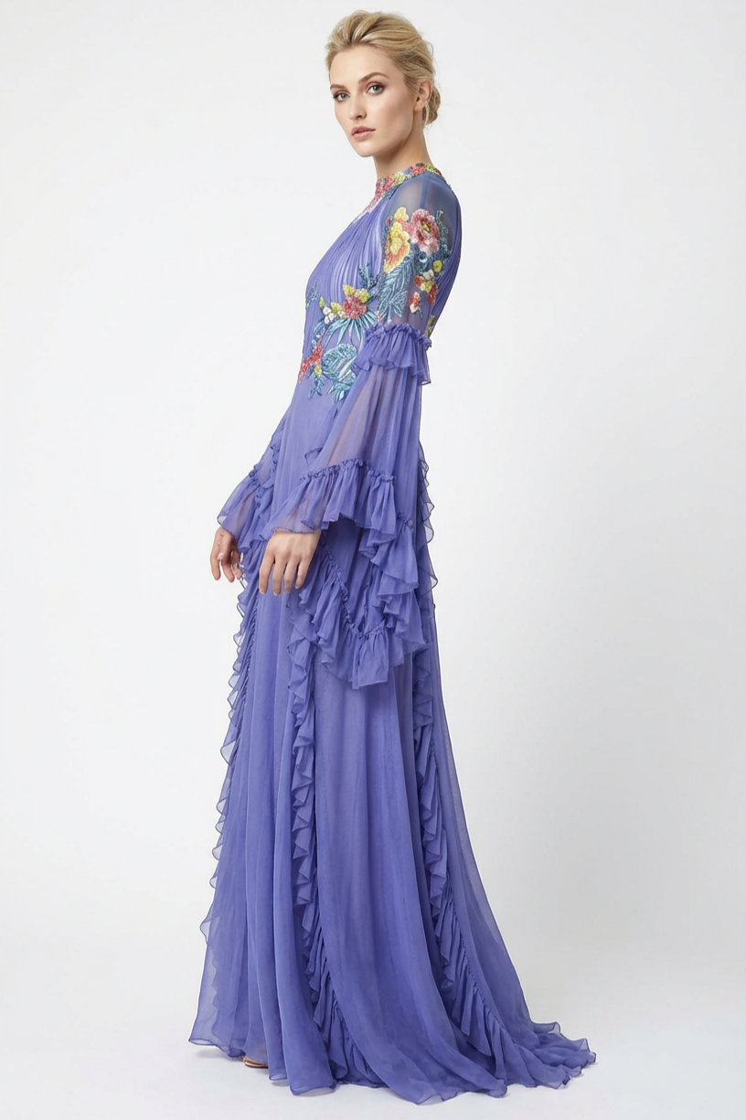 Chiffon Gathering Embroidered Ruffle Maxi Dress