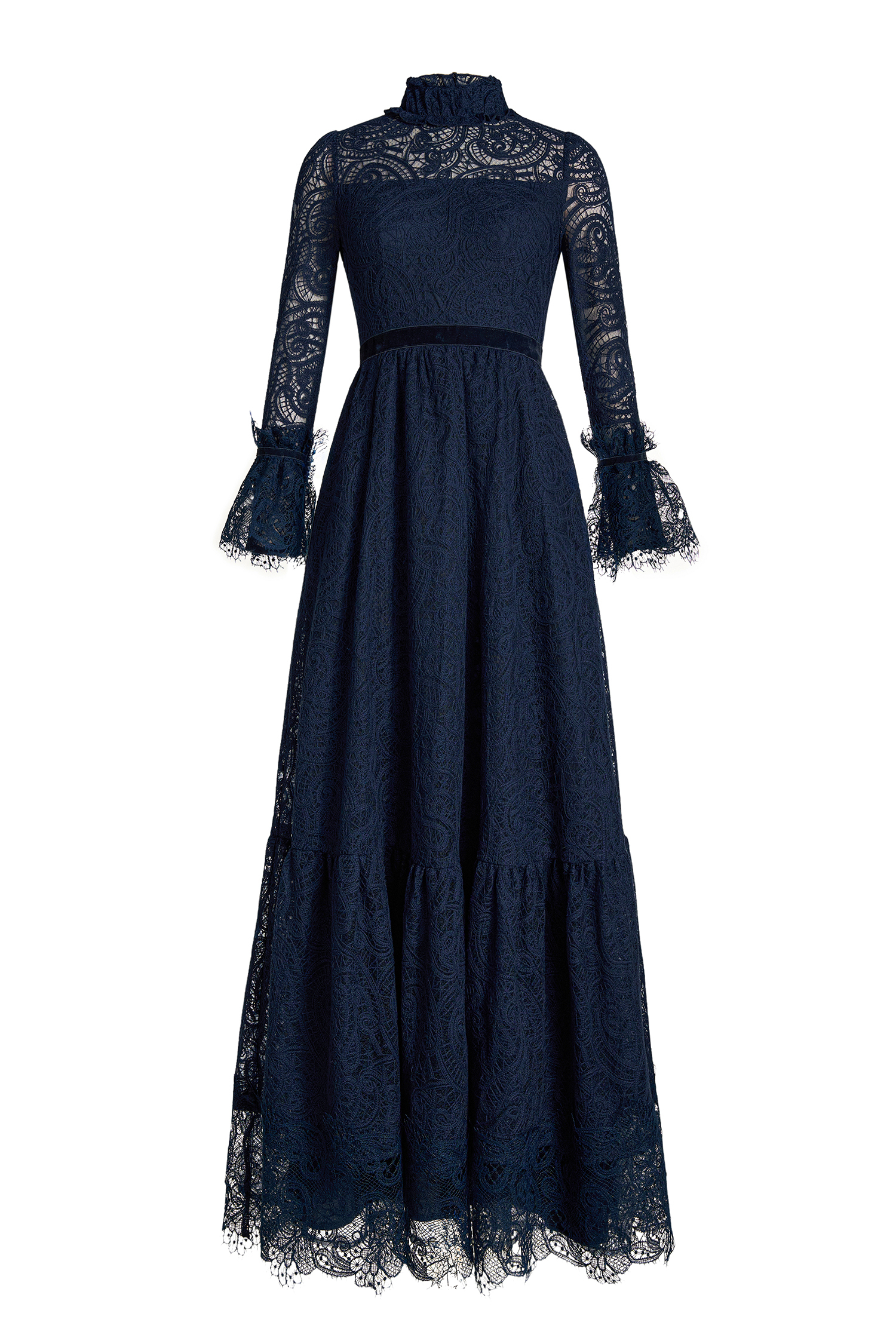 Lace Stand Collar Ruffle Maxi Dress