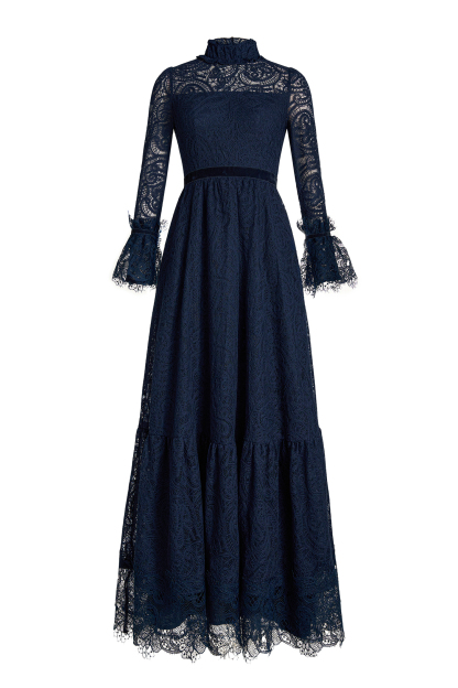 Lace Stand Collar Ruffle Maxi Dress