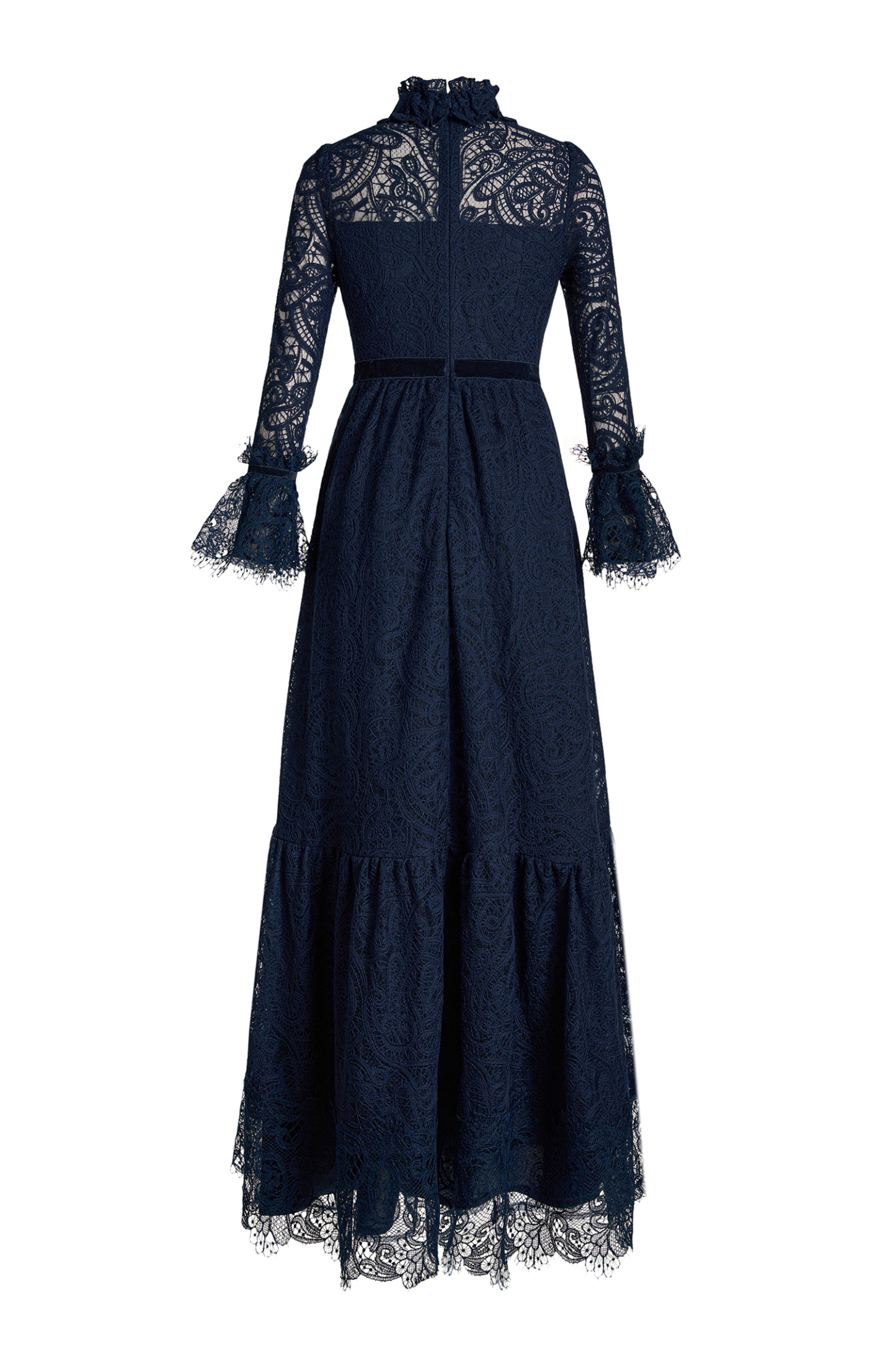 Lace Stand Collar Ruffle Maxi Dress