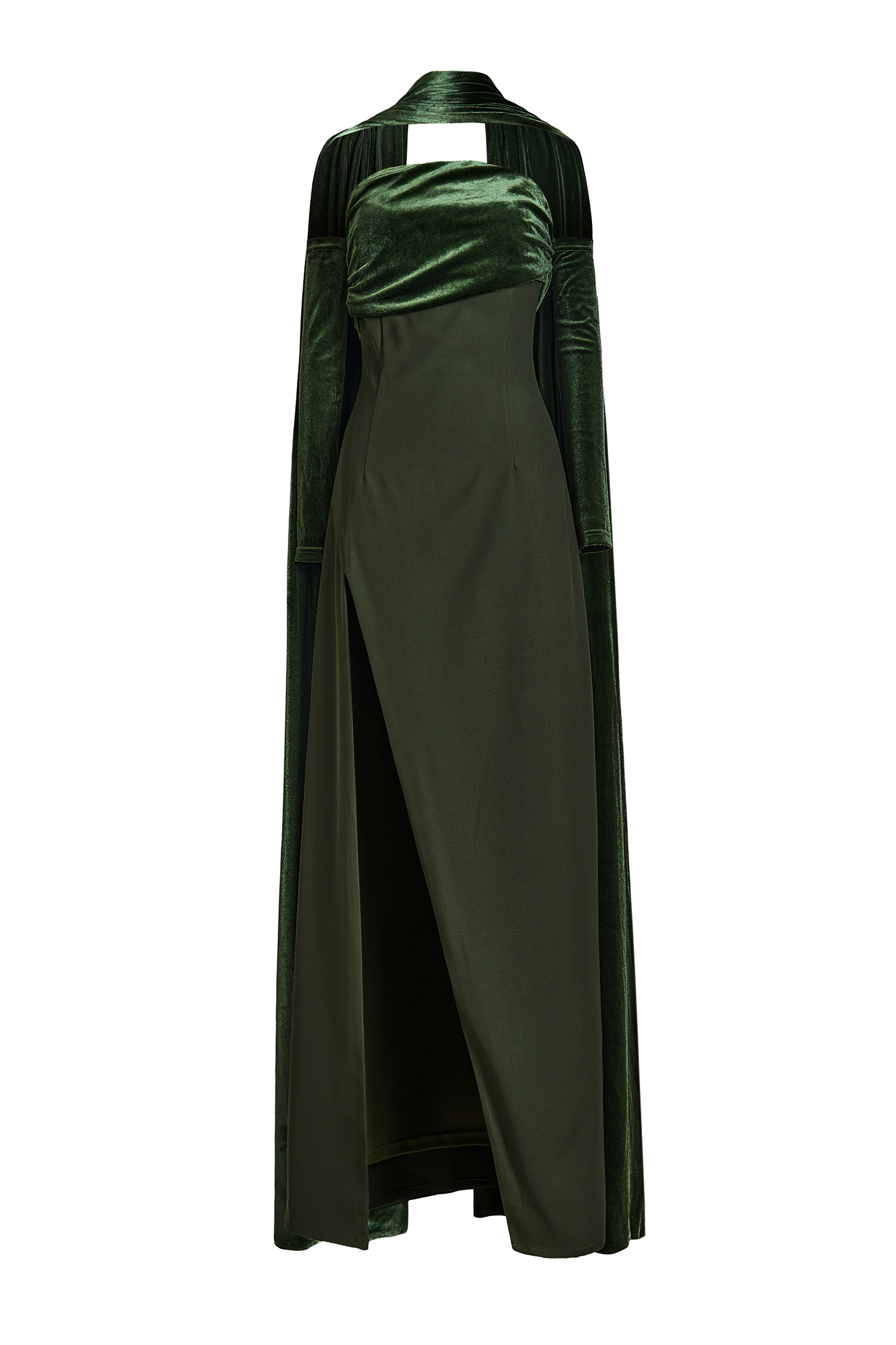Off-Shoulder Slit Maxi Dress With Velvet Cape