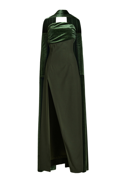 Off-Shoulder Slit Maxi Dress With Velvet Cape