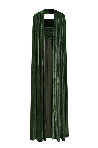 Off-Shoulder Slit Maxi Dress With Velvet Cape