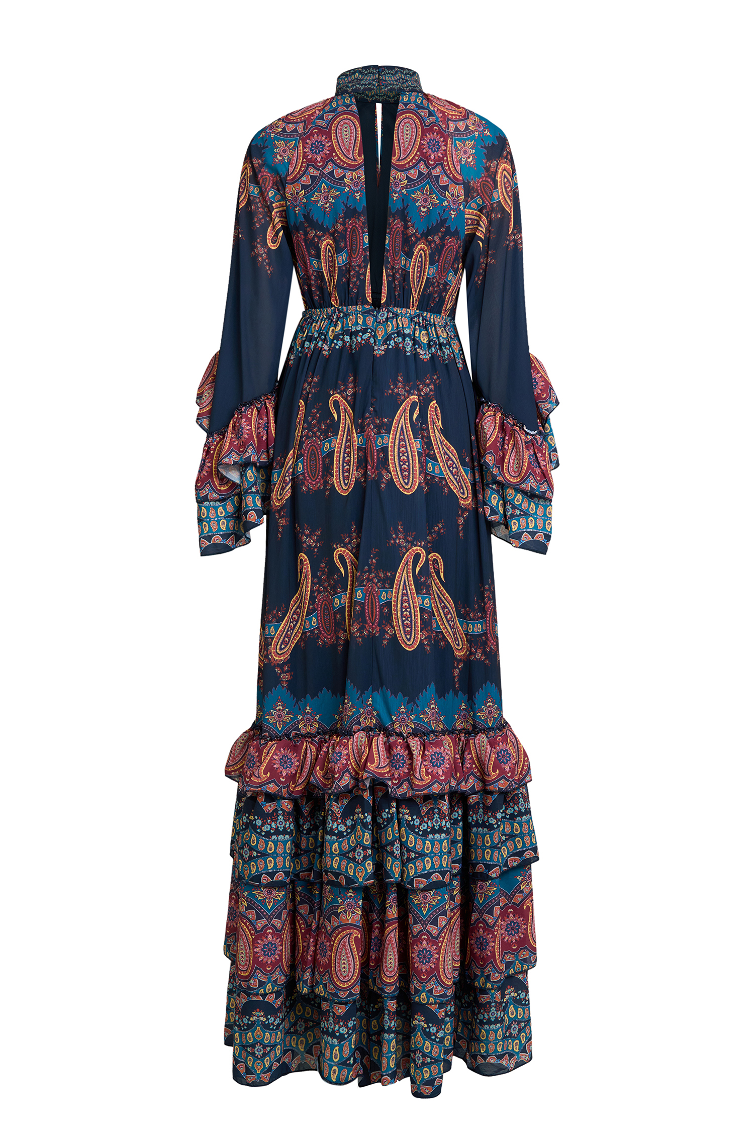 Paisley Print Ruffle Raglan Sleeve Maxi Dress