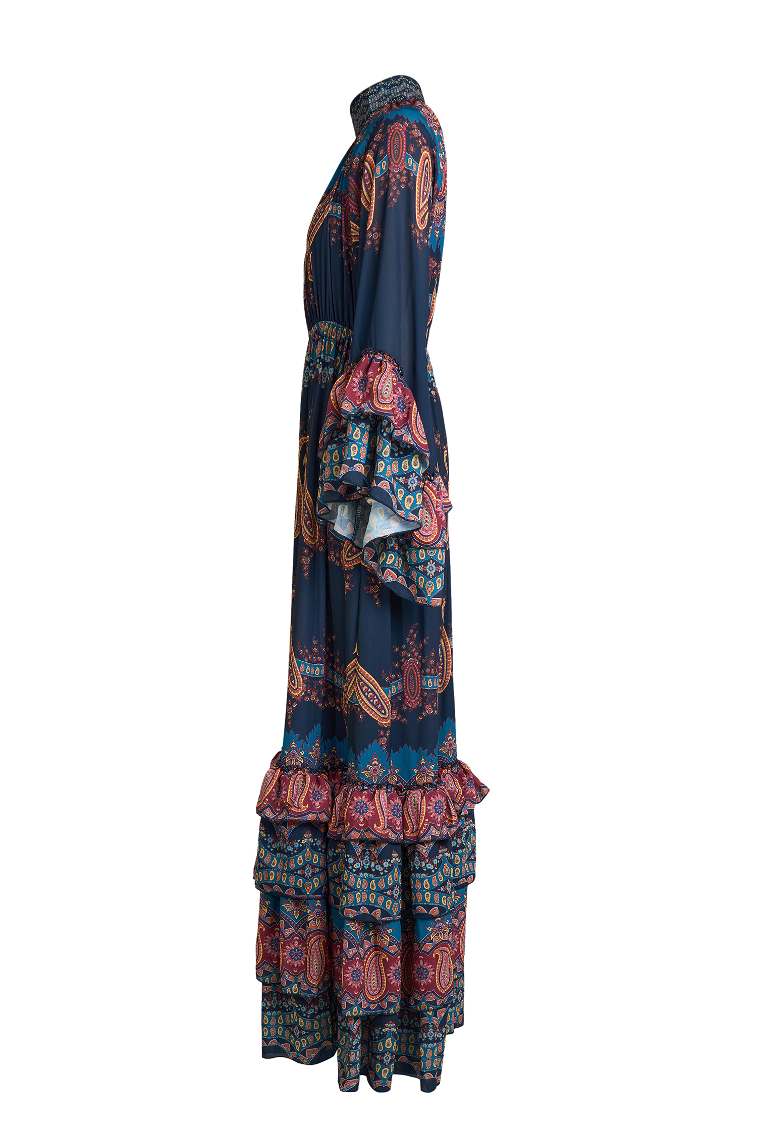 Paisley Print Ruffle Raglan Sleeve Maxi Dress