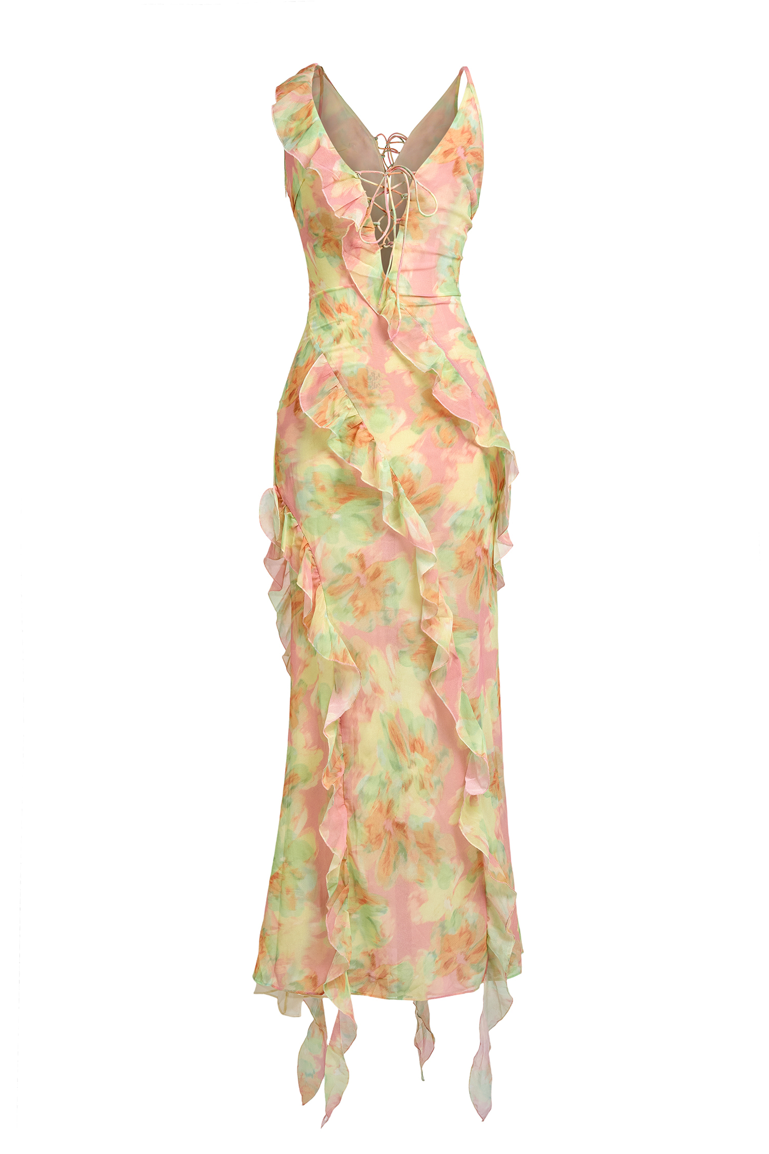 Tie Dye Ruffle Tie-Up Midi Dress