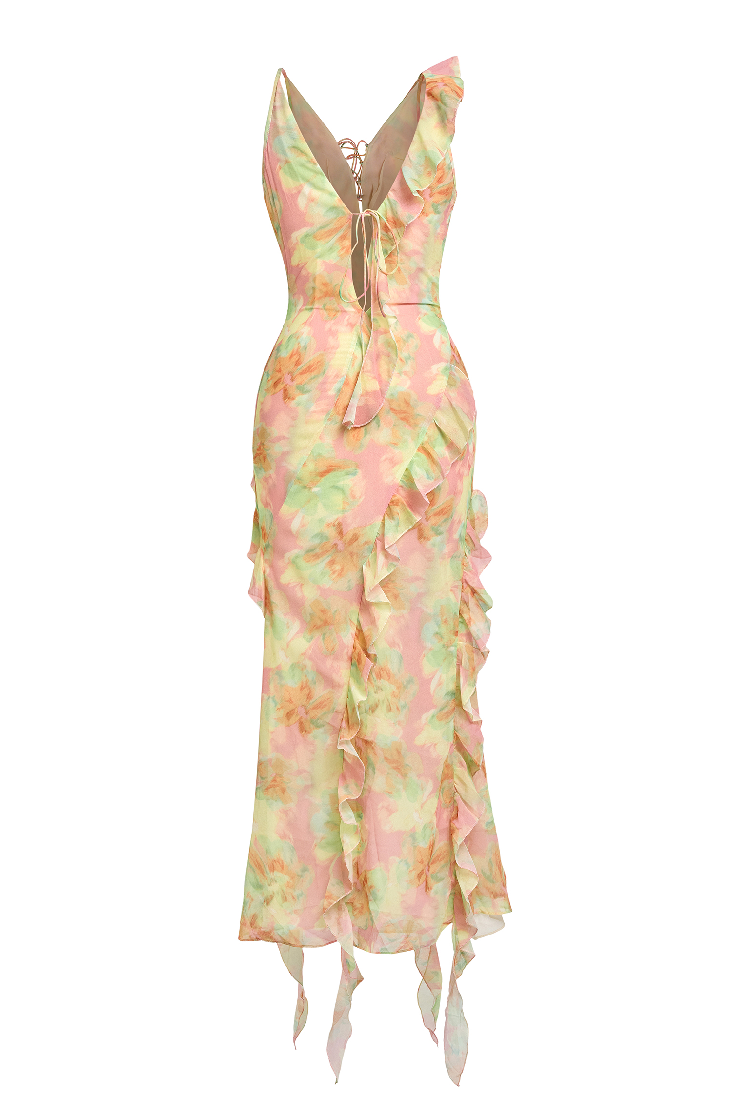 Tie Dye Ruffle Tie-Up Midi Dress