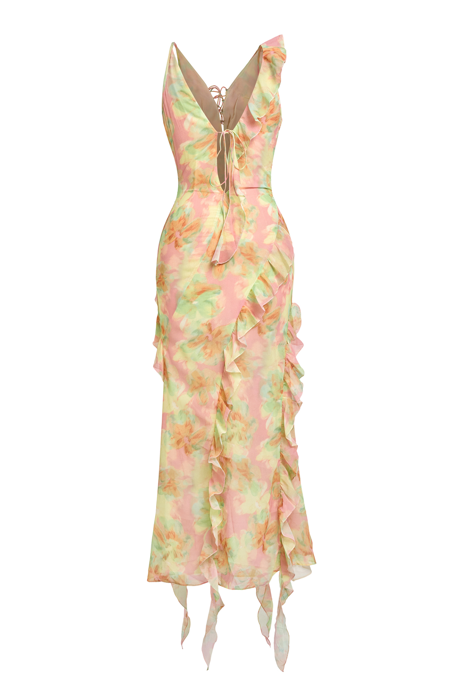 Tie Dye Ruffle Tie-Up Midi Dress