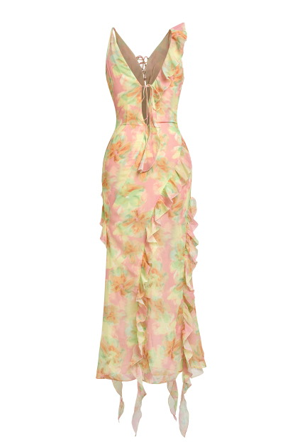 Tie Dye Ruffle Tie-Up Midi Dress