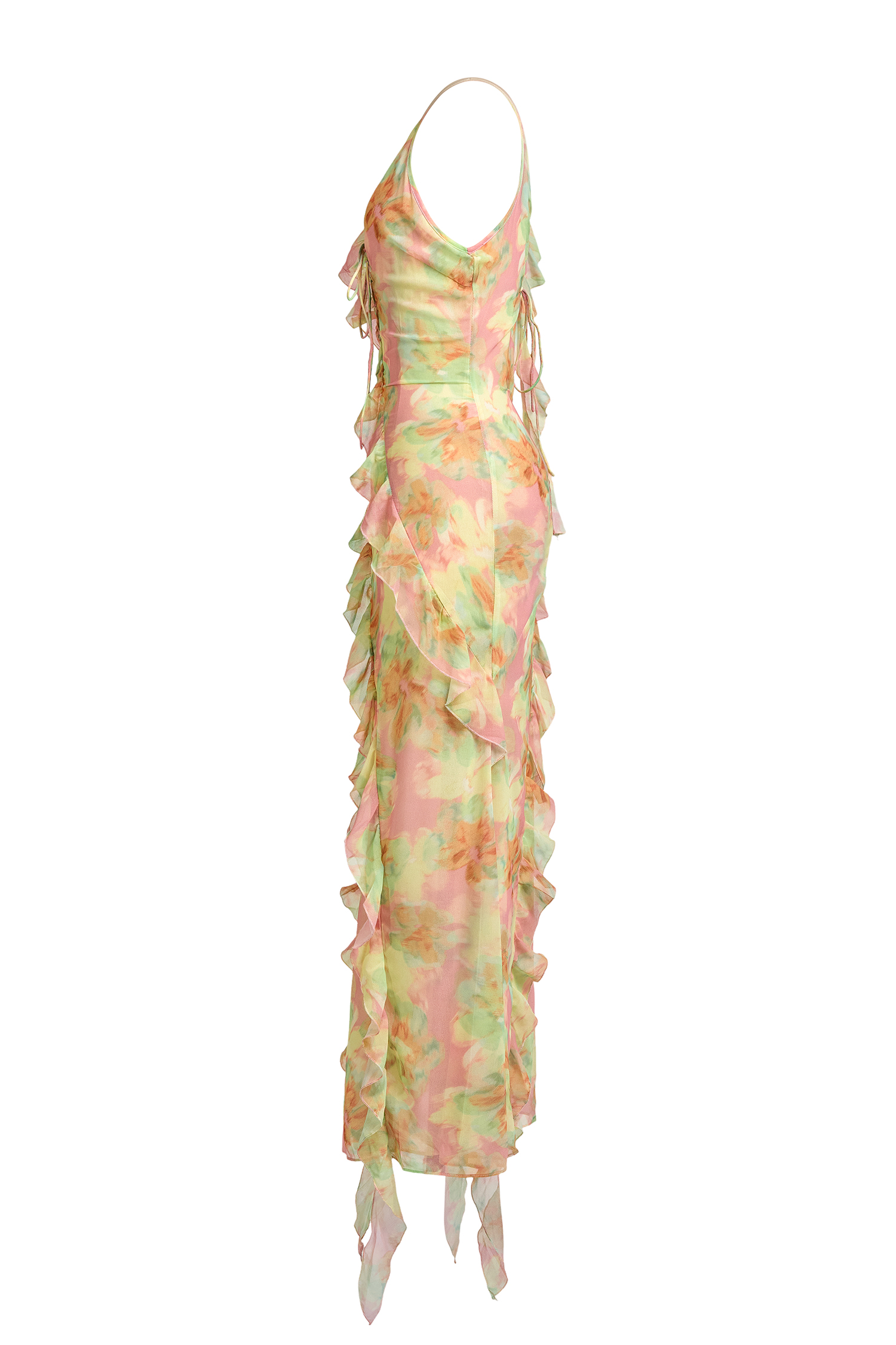 Tie Dye Ruffle Tie-Up Midi Dress