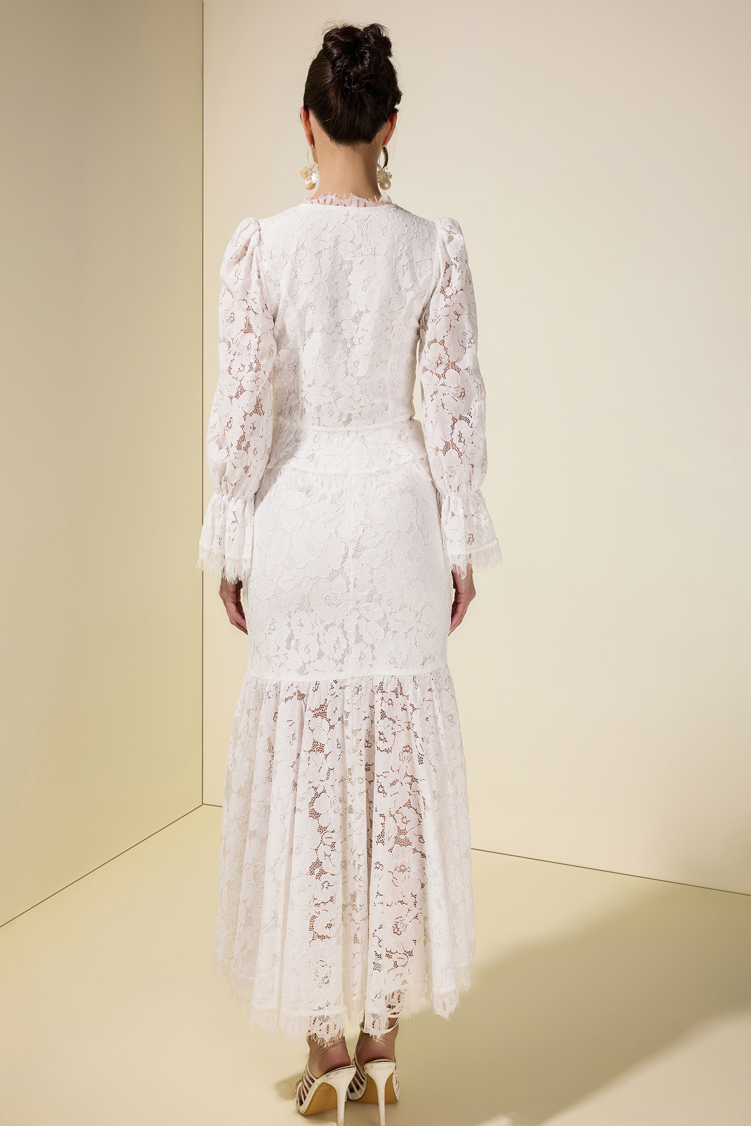 Lace Faux Pearl Button Top & Fishtail Midi Skirt Set