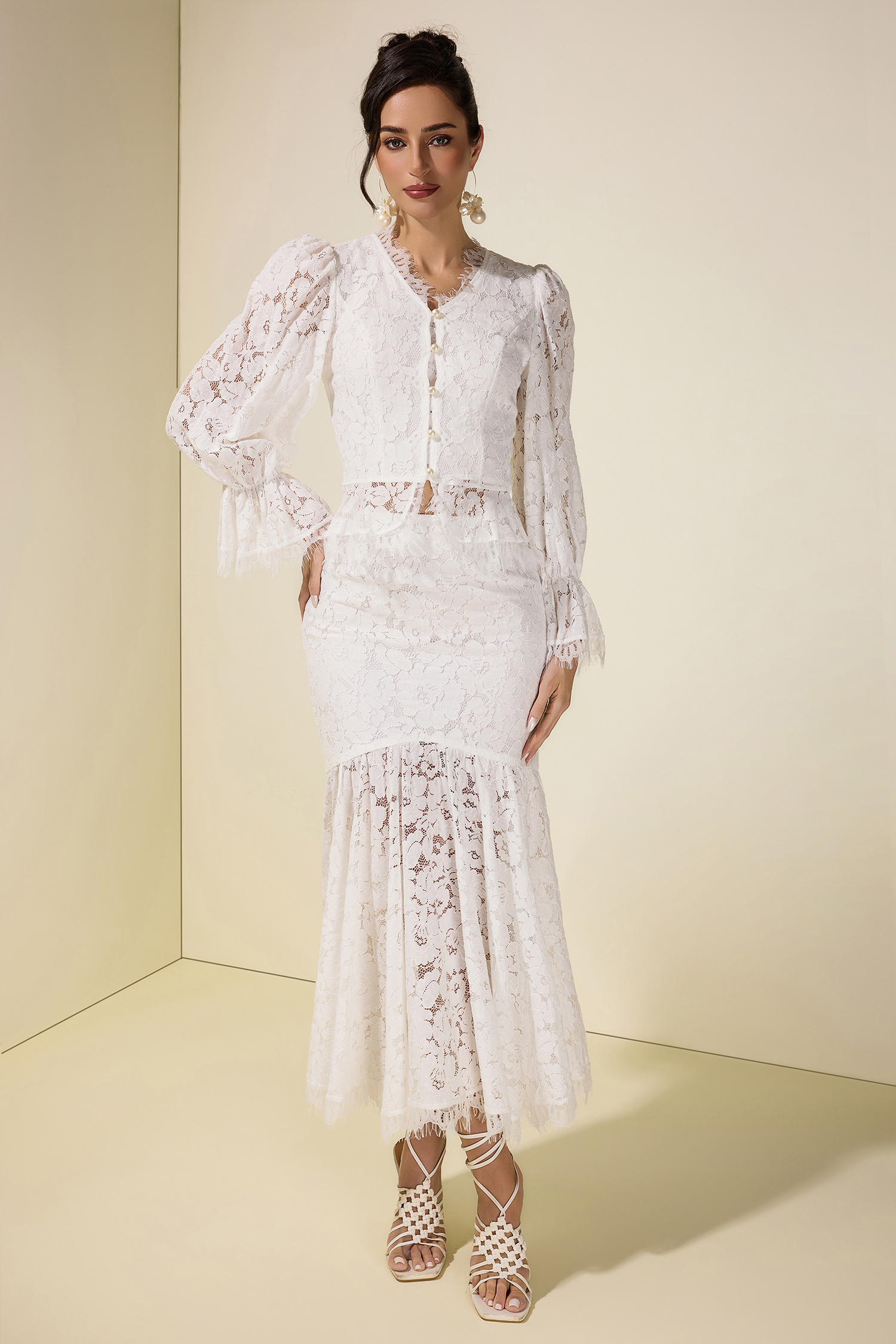 Lace Faux Pearl Button Top & Fishtail Midi Skirt Set