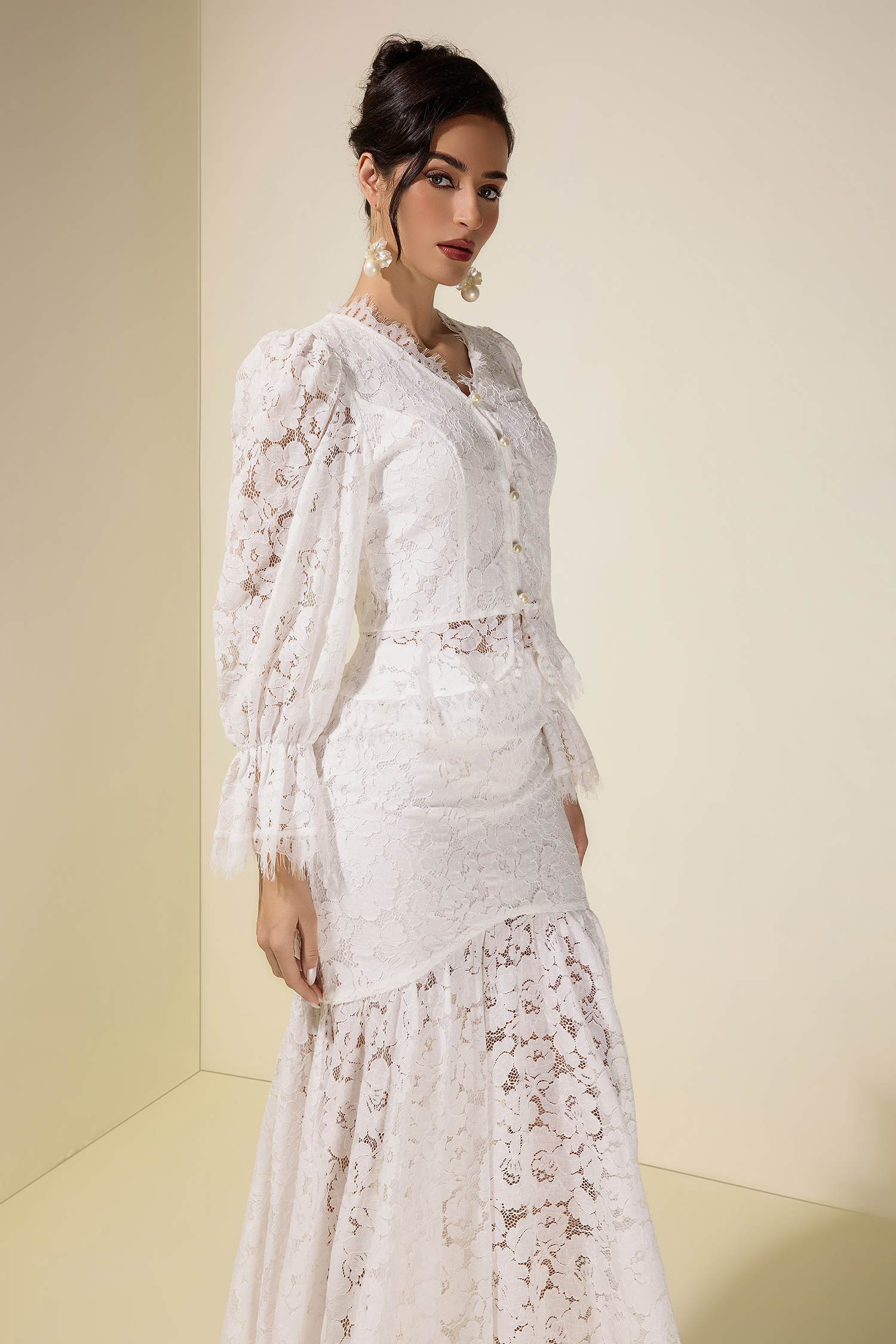 Lace Faux Pearl Button Top & Fishtail Midi Skirt Set