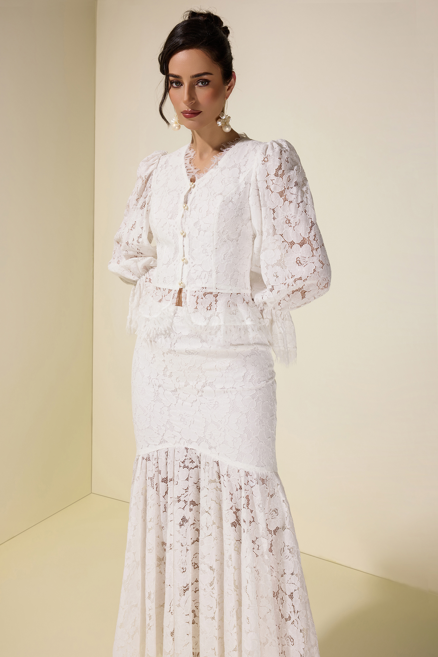 Lace Faux Pearl Button Top & Fishtail Midi Skirt Set