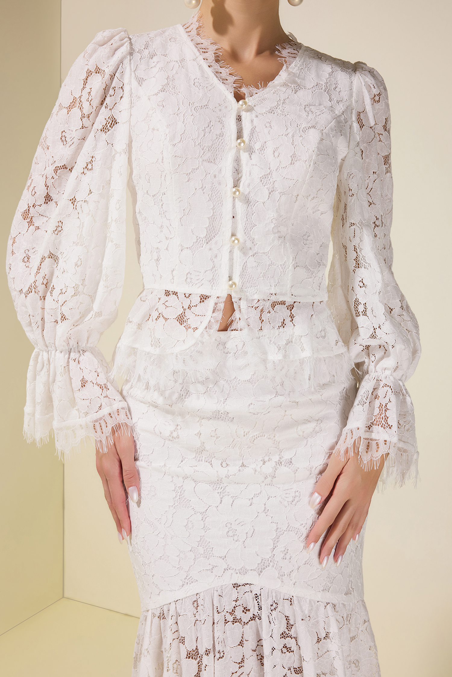 Lace Faux Pearl Button Top & Fishtail Midi Skirt Set