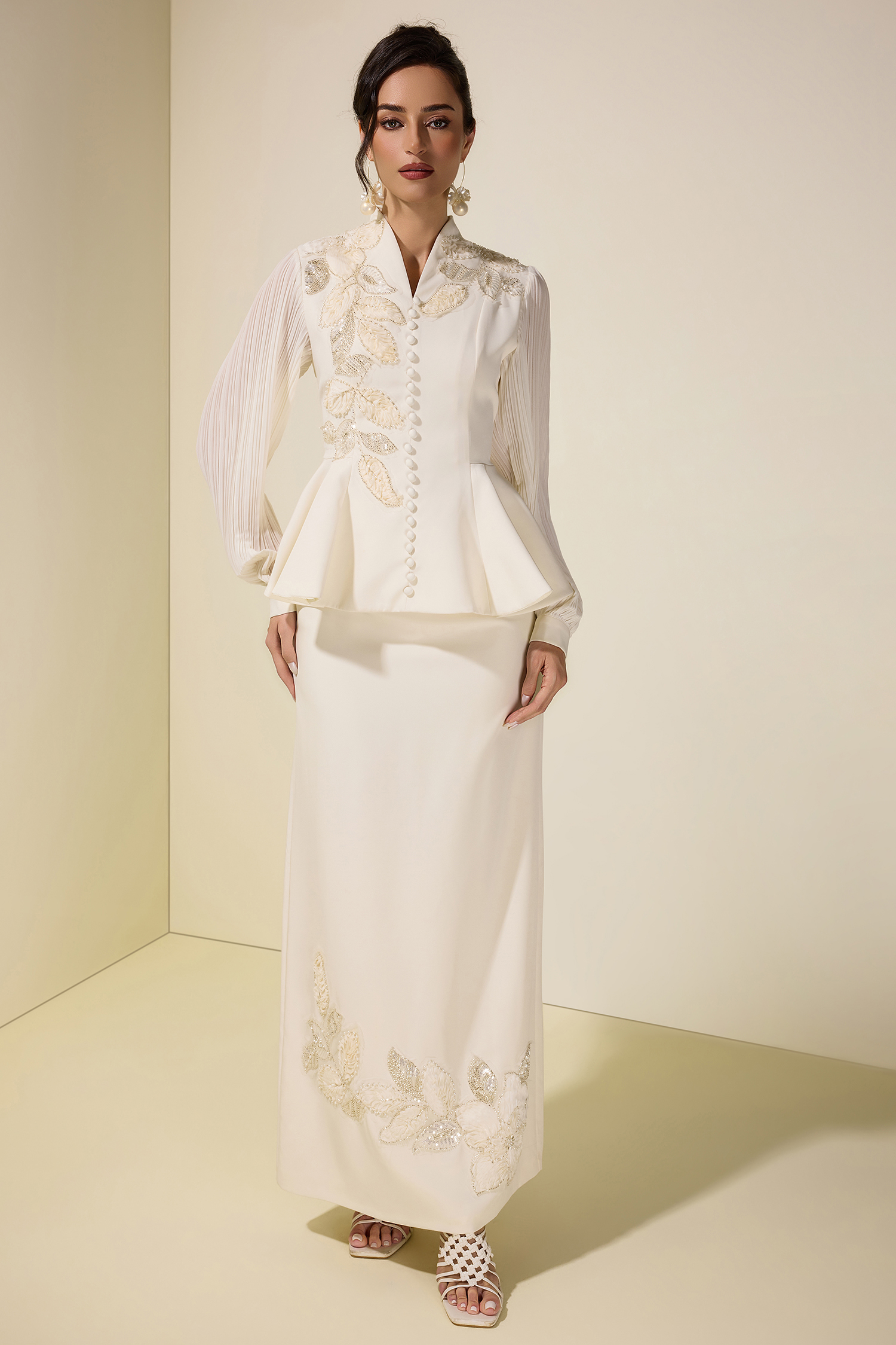 Embroidered Single Breasted Top & Midi Skirt Set