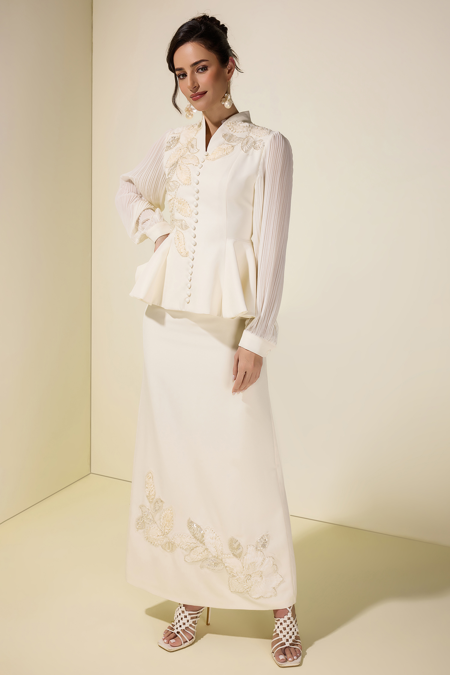 Embroidered Single Breasted Top & Midi Skirt Set