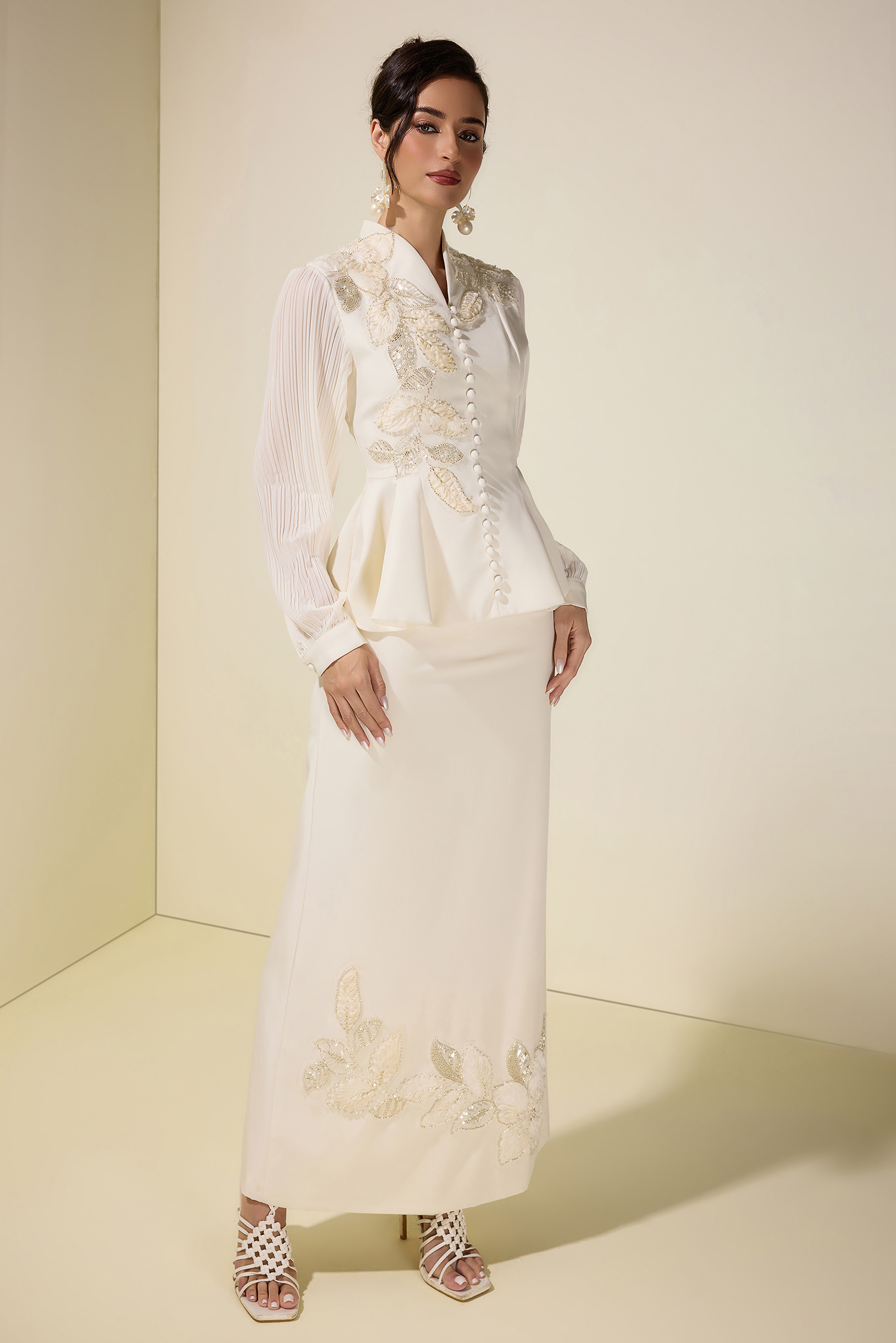 Embroidered Single Breasted Top & Midi Skirt Set