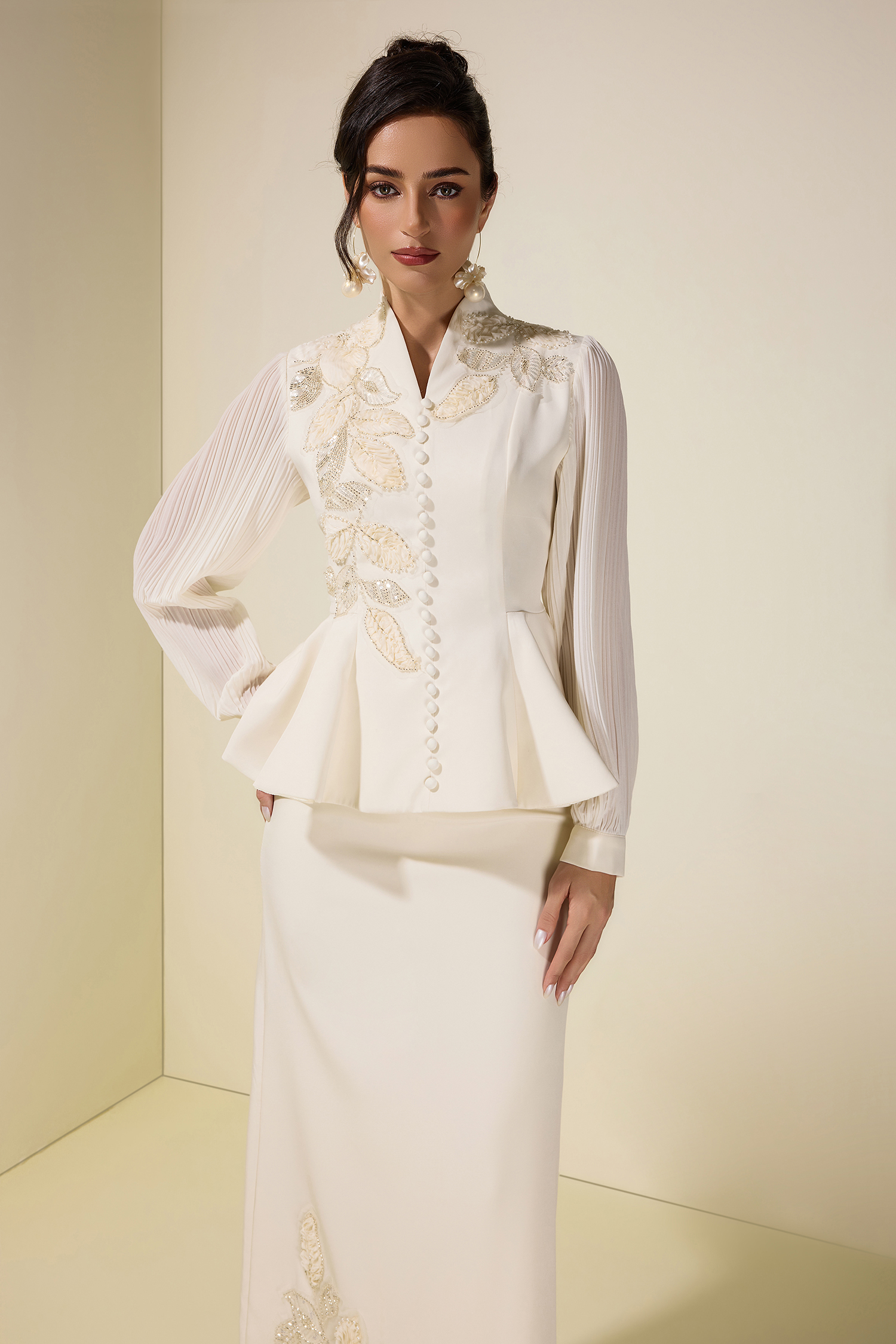 Embroidered Single Breasted Top & Midi Skirt Set