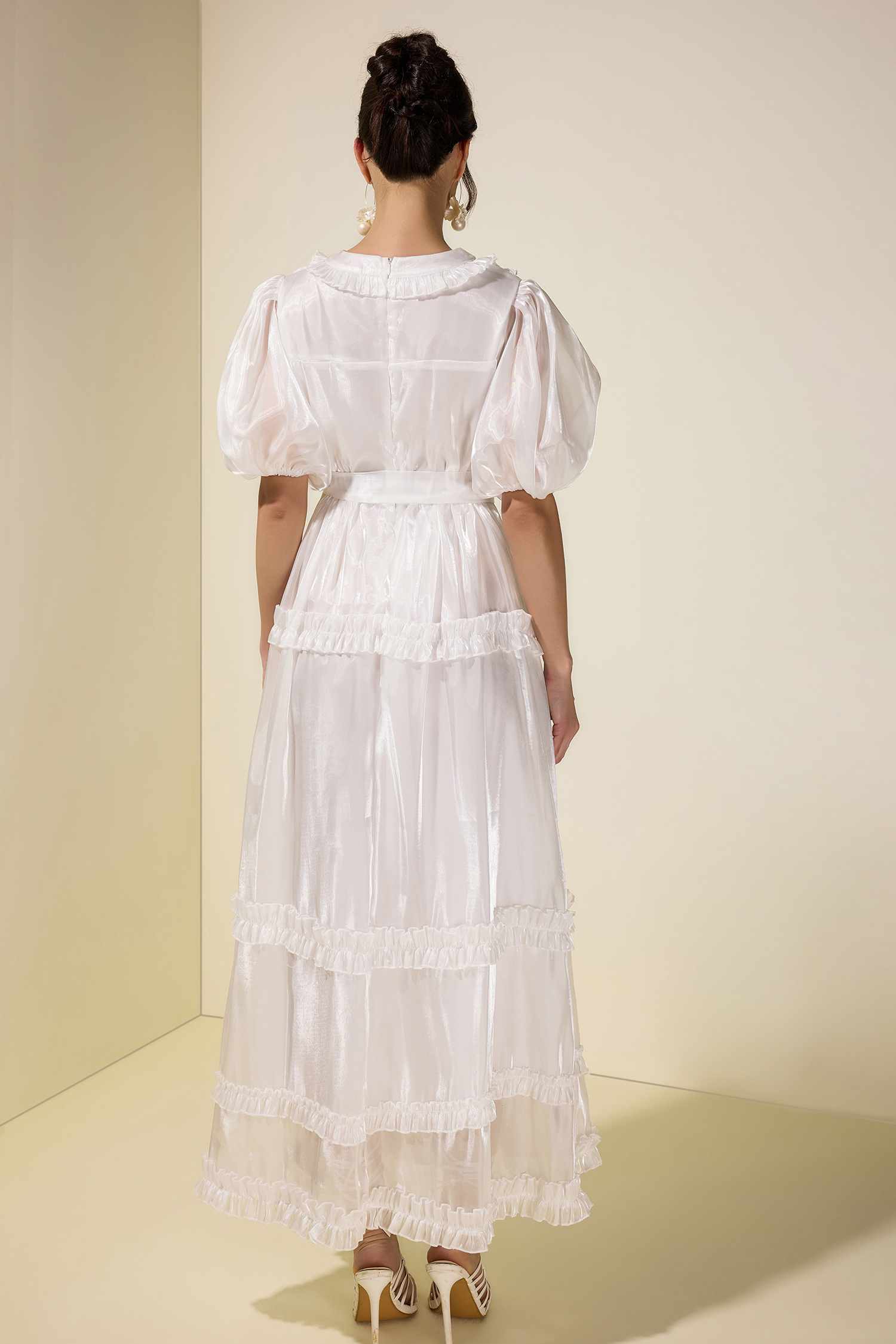 Satin Frill Midi Dress With Belt