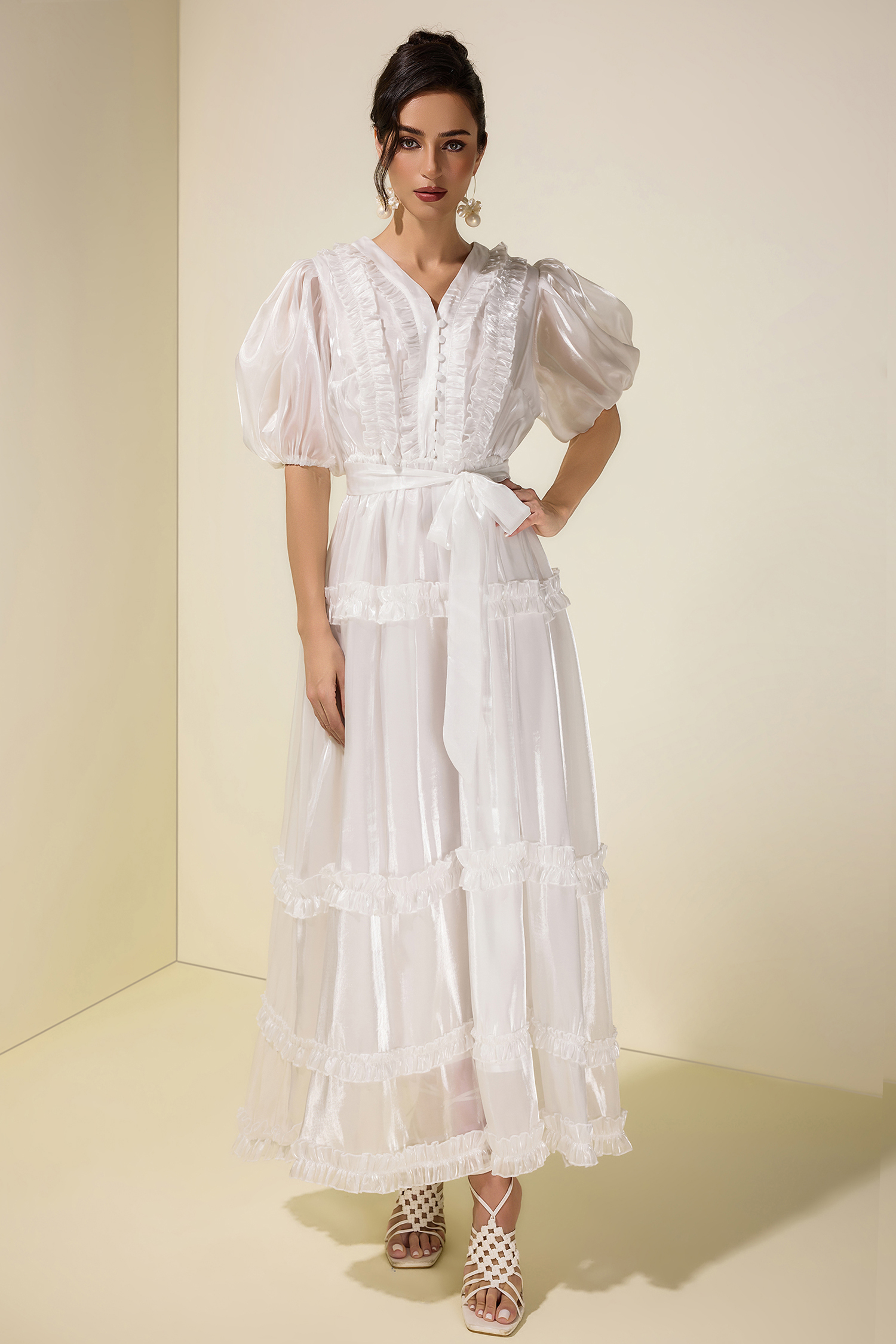 Satin Frill Midi Dress With Belt