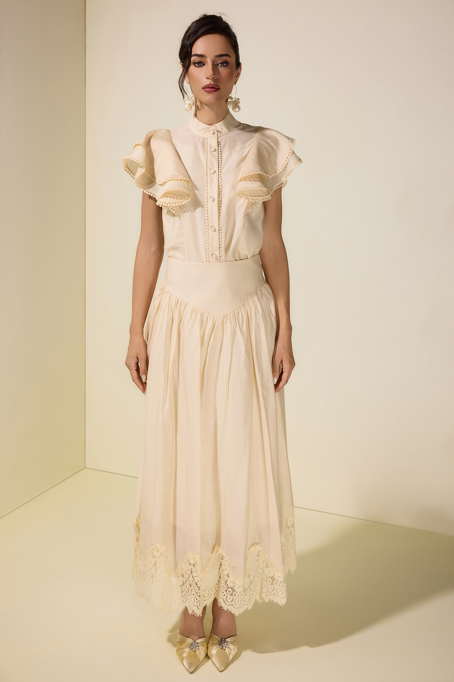 Sleeveless Ruffle Lace Top & Midi Skirt Set