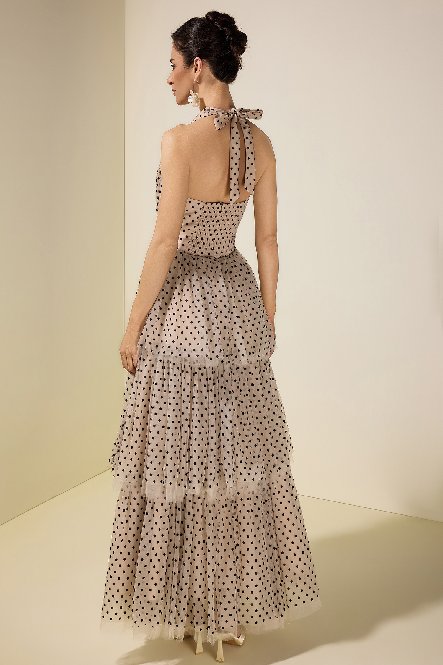 Mesh Flock Polka Dot Halter Neck Maxi Dress