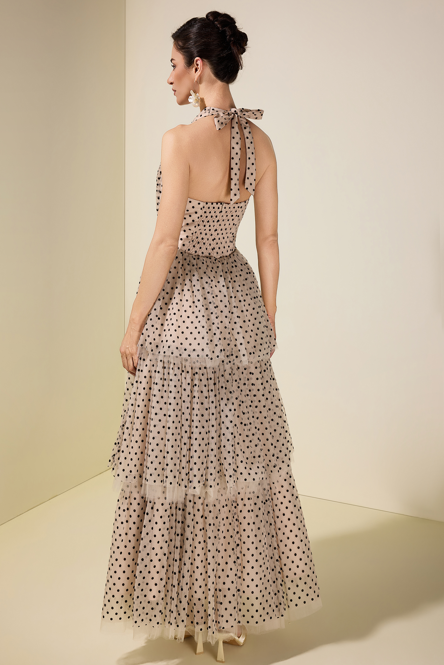 Mesh Flock Polka Dot Halter Neck Maxi Dress
