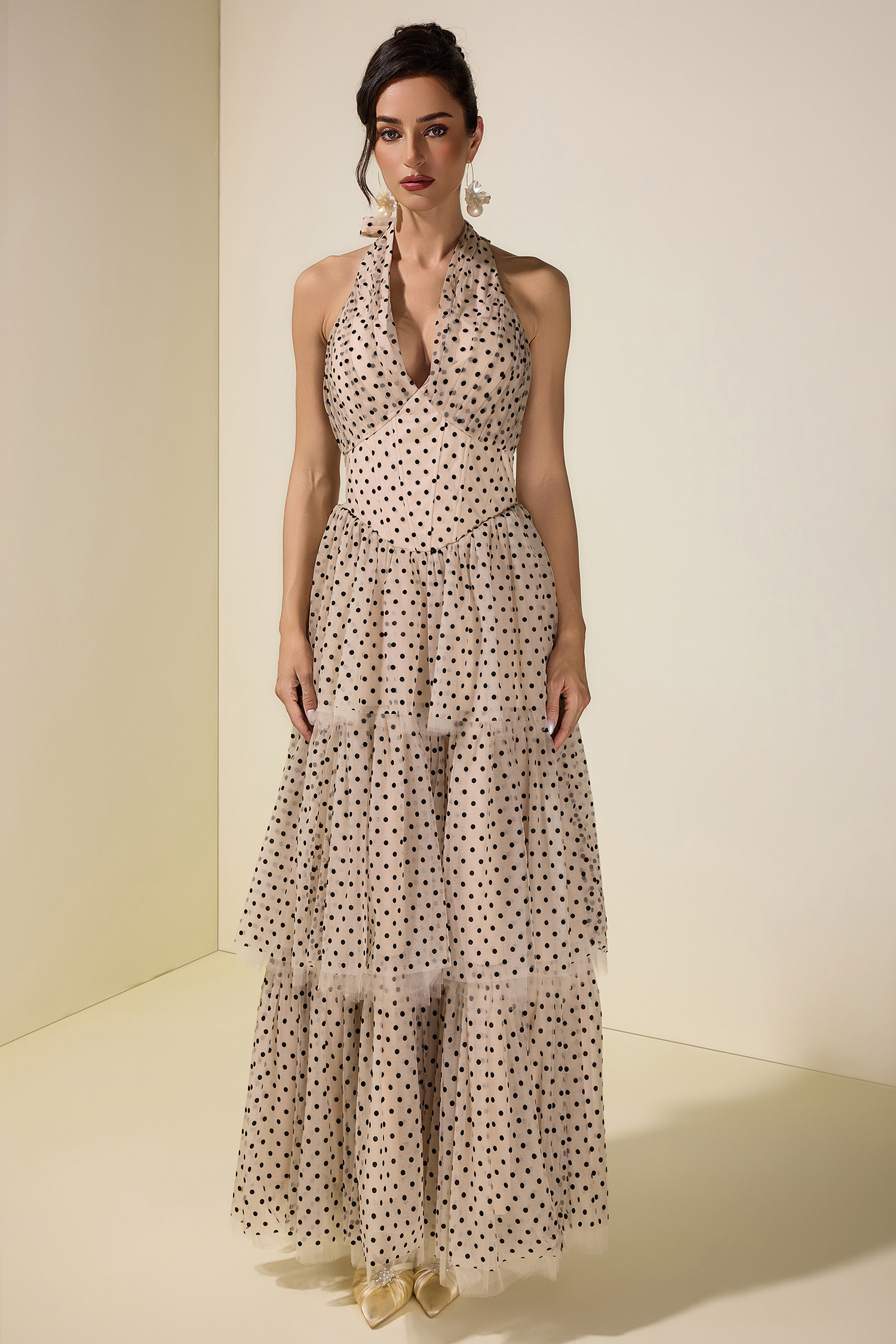 Mesh Flock Polka Dot Halter Neck Maxi Dress