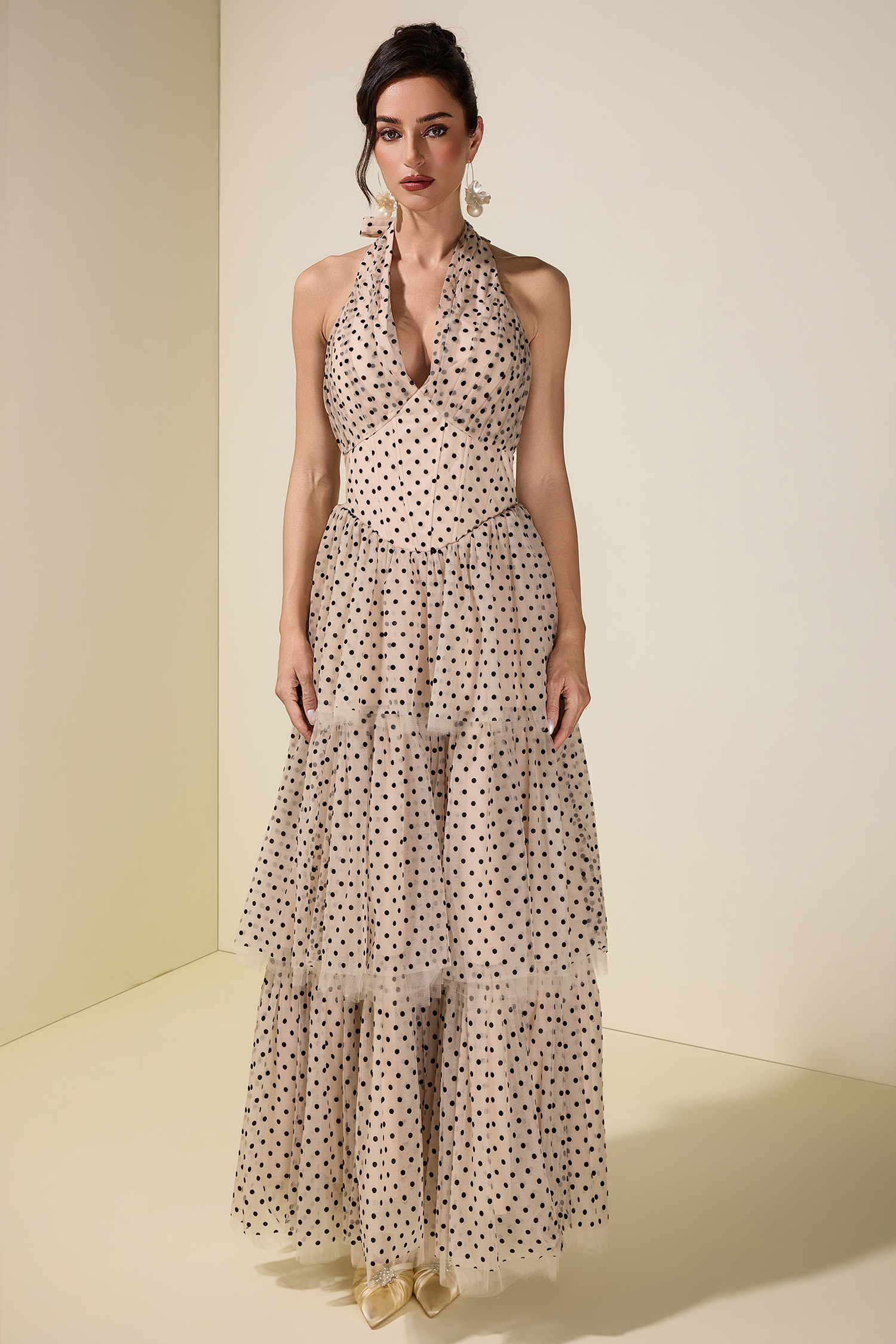 Mesh Flock Polka Dot Halter Neck Maxi Dress