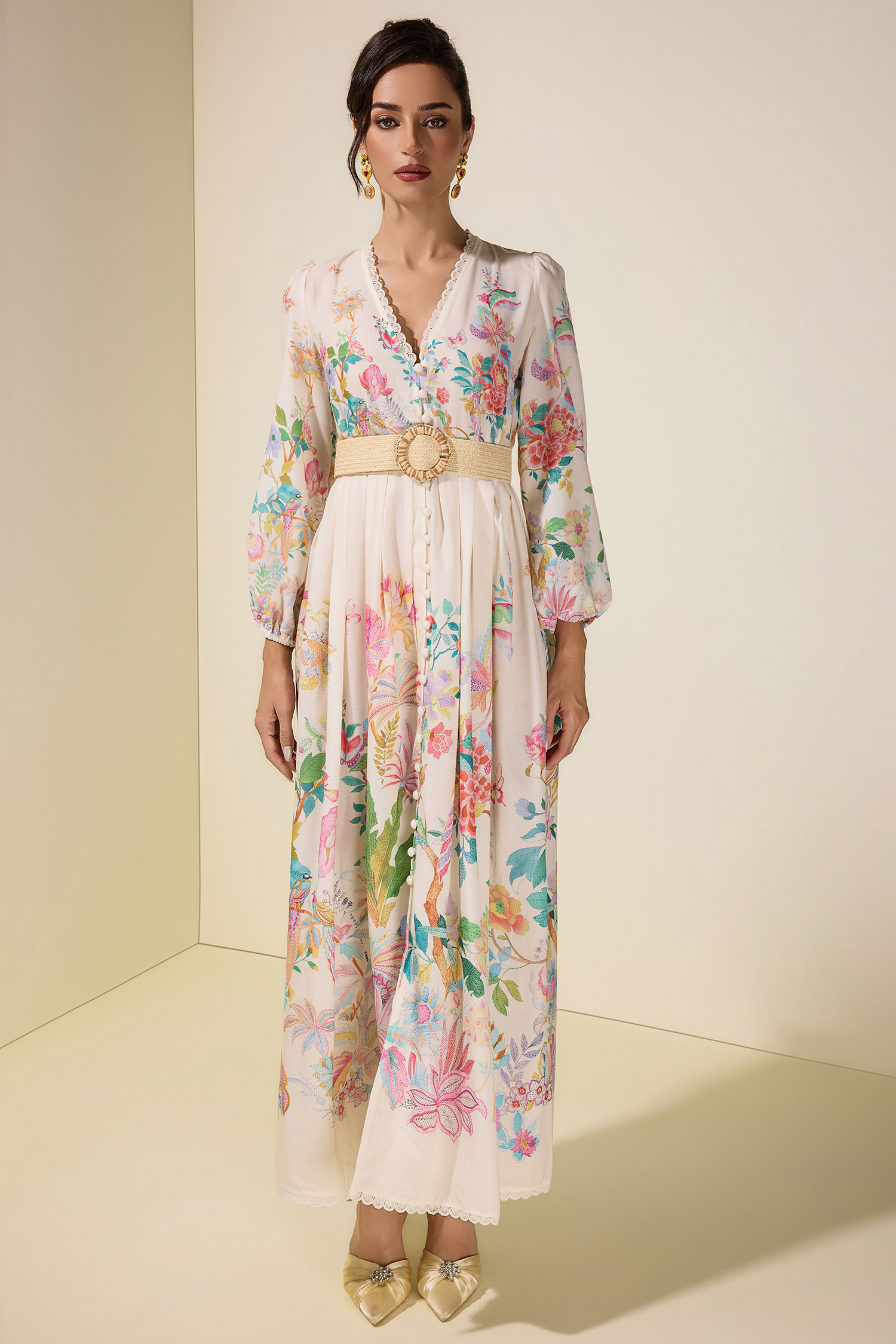 Floral Lace Midi Dress With Belt