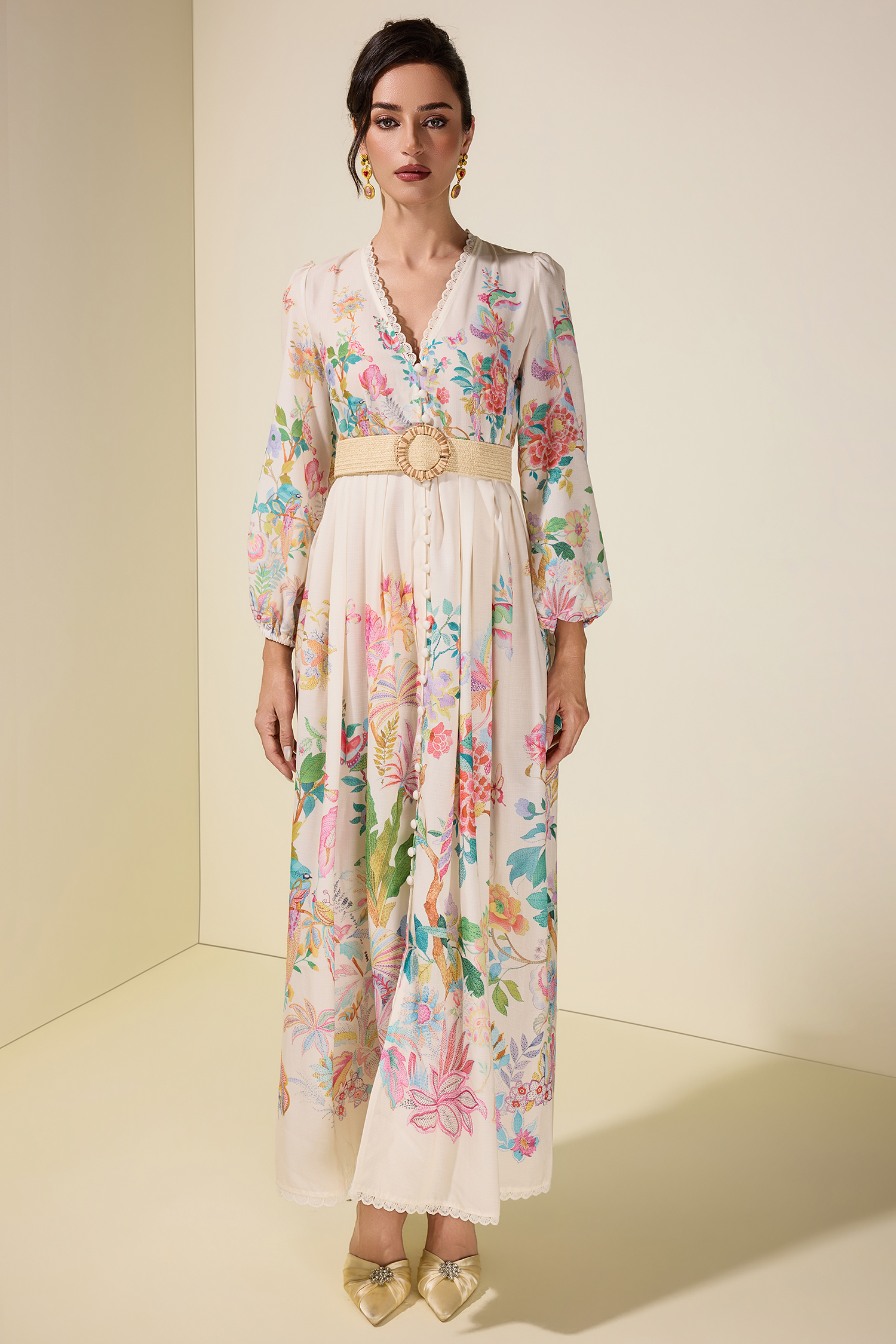 Floral Lace Midi Dress With Belt