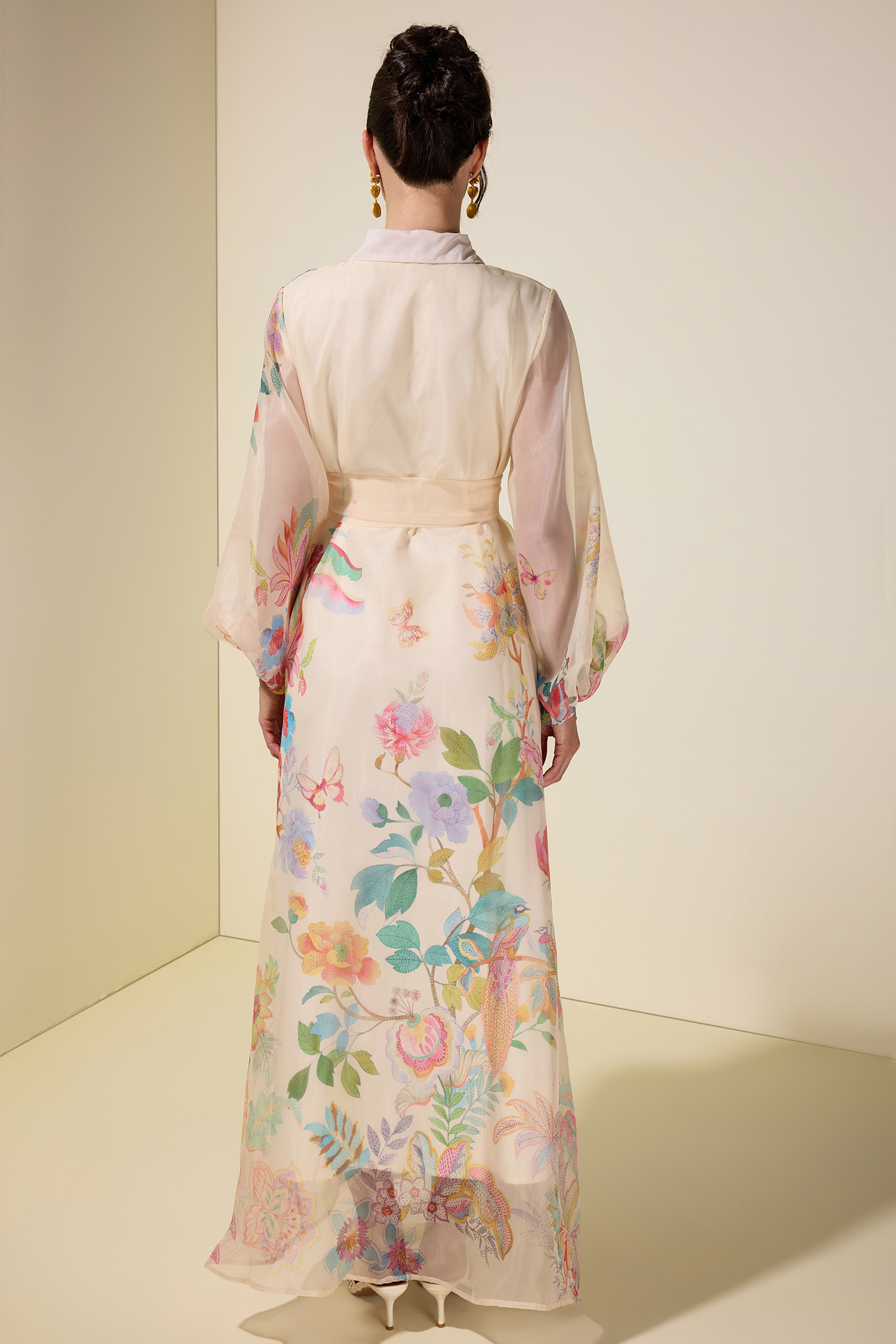 Floral Puff Sleeve Midi Dress With Belt