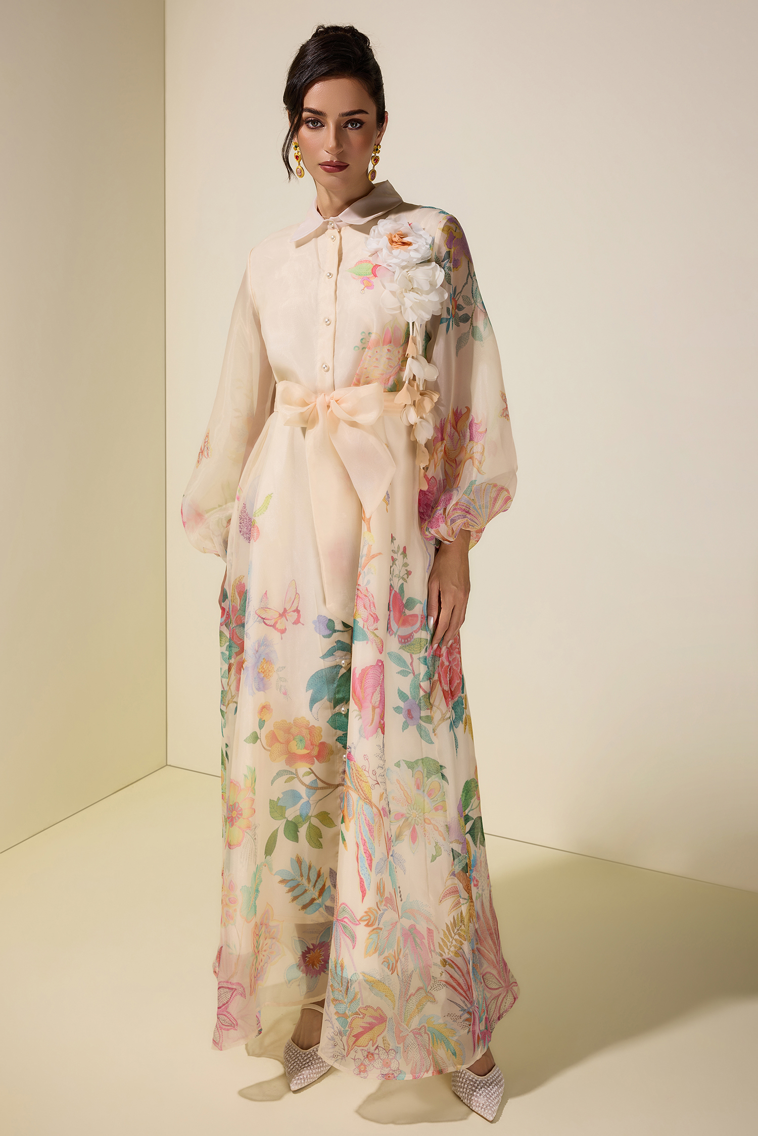 Floral Puff Sleeve Maxi Dress With Belt