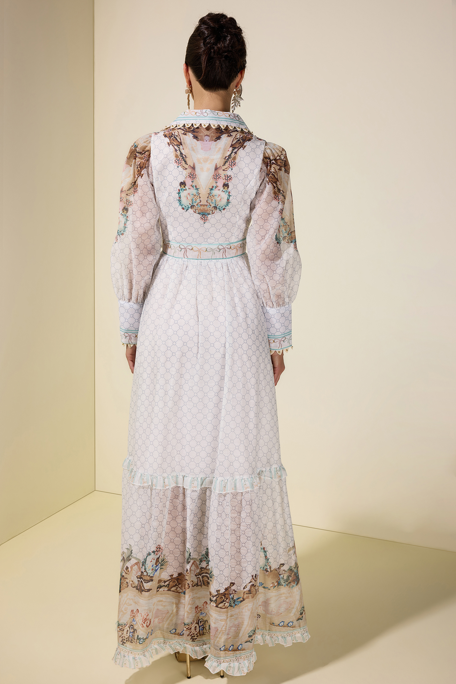 Palace Print V-Neck Rivet Maxi Dress