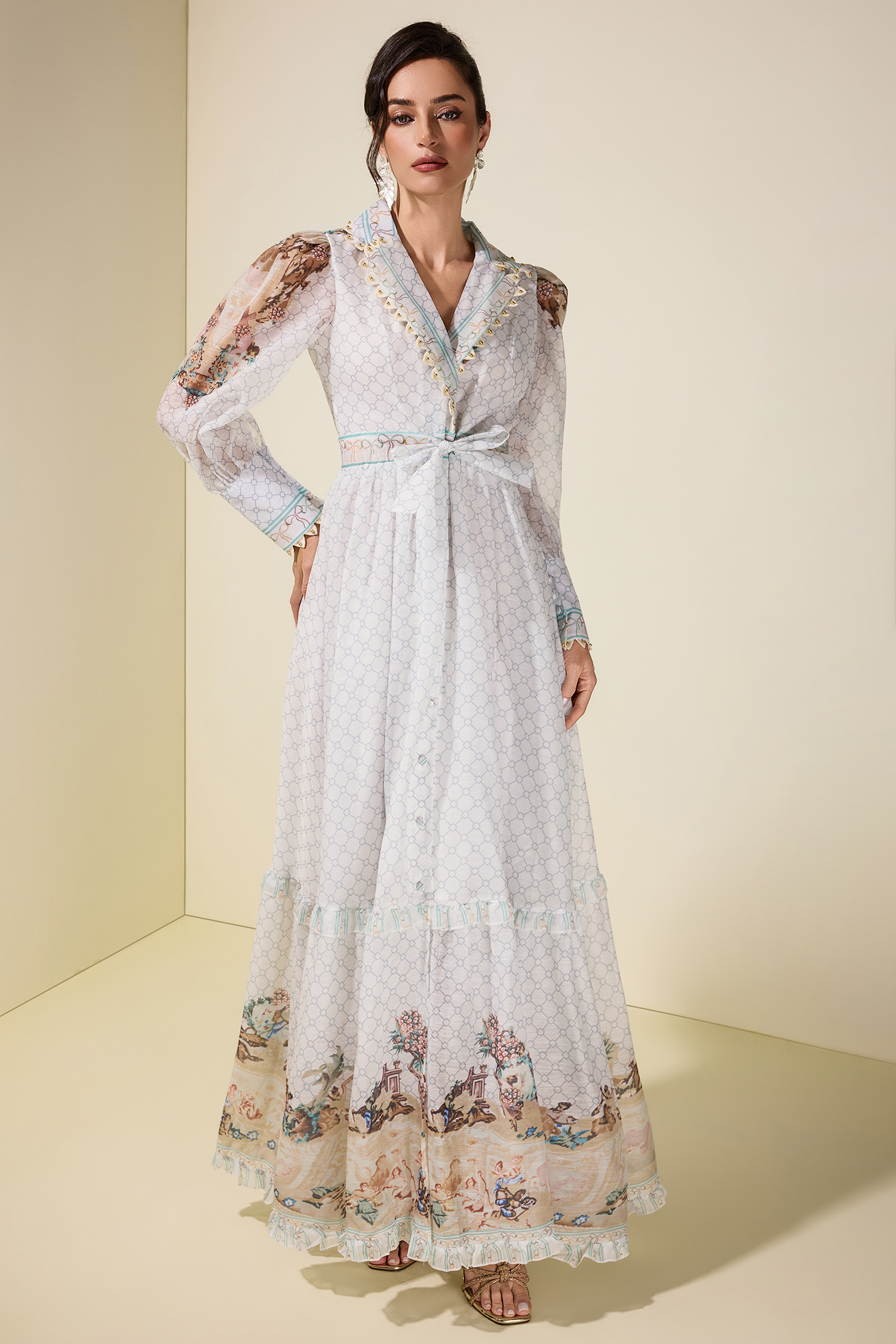 Palace Print V-Neck Rivet Maxi Dress