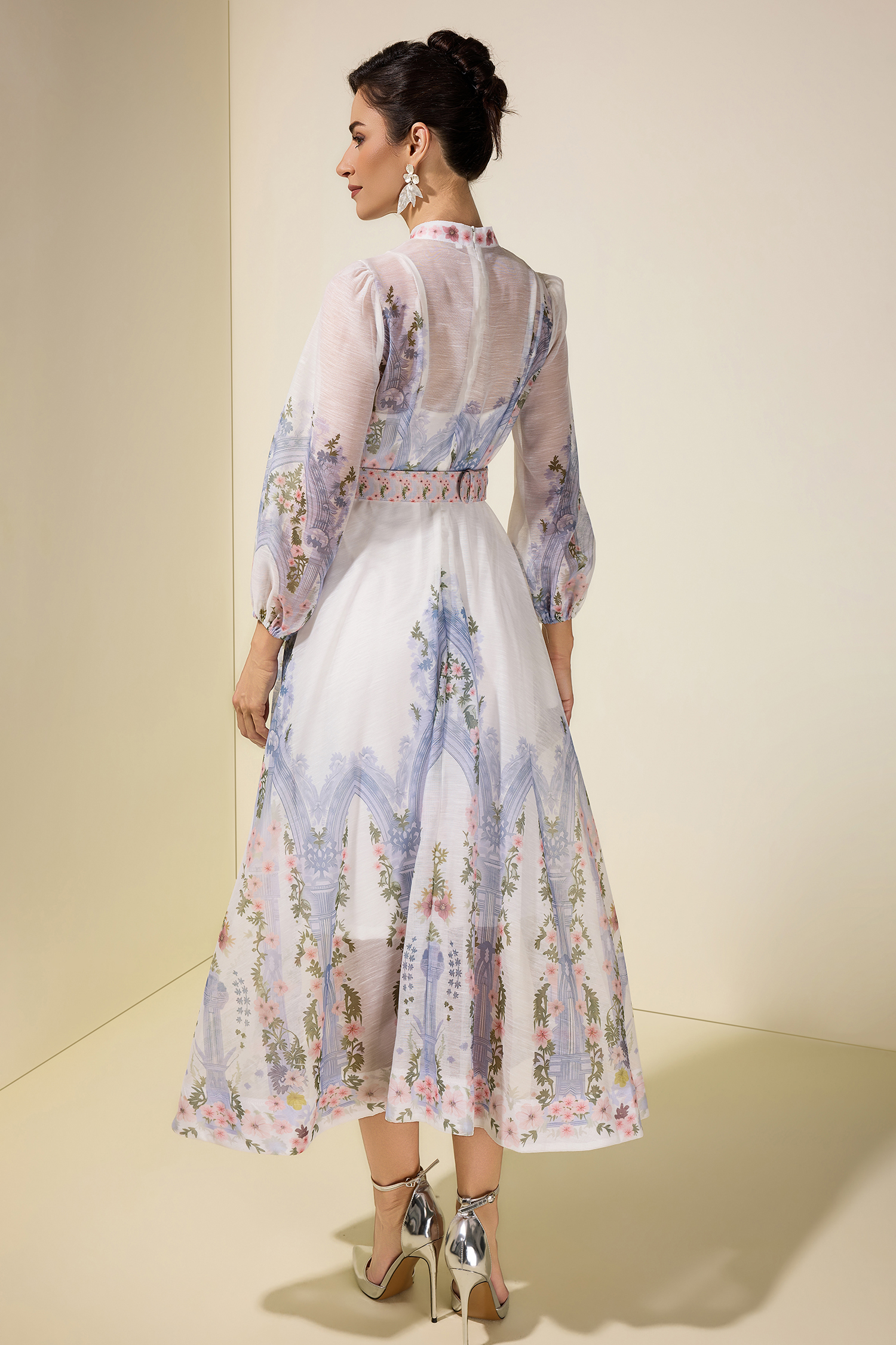 Floral Single Breasted Long Sleeve Midi Dress With Belt
