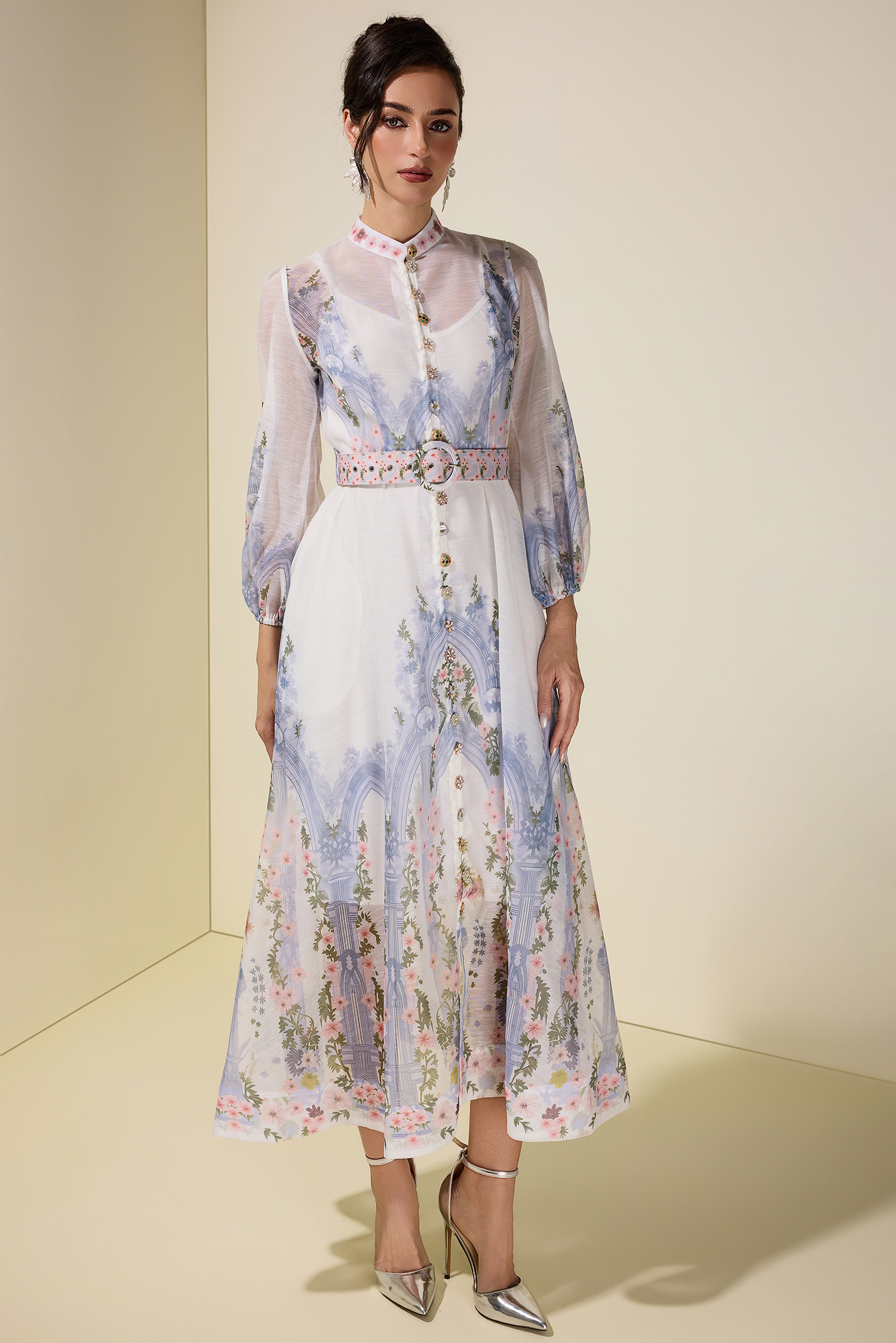 Floral Single Breasted Long Sleeve Maxi Dress With Belt