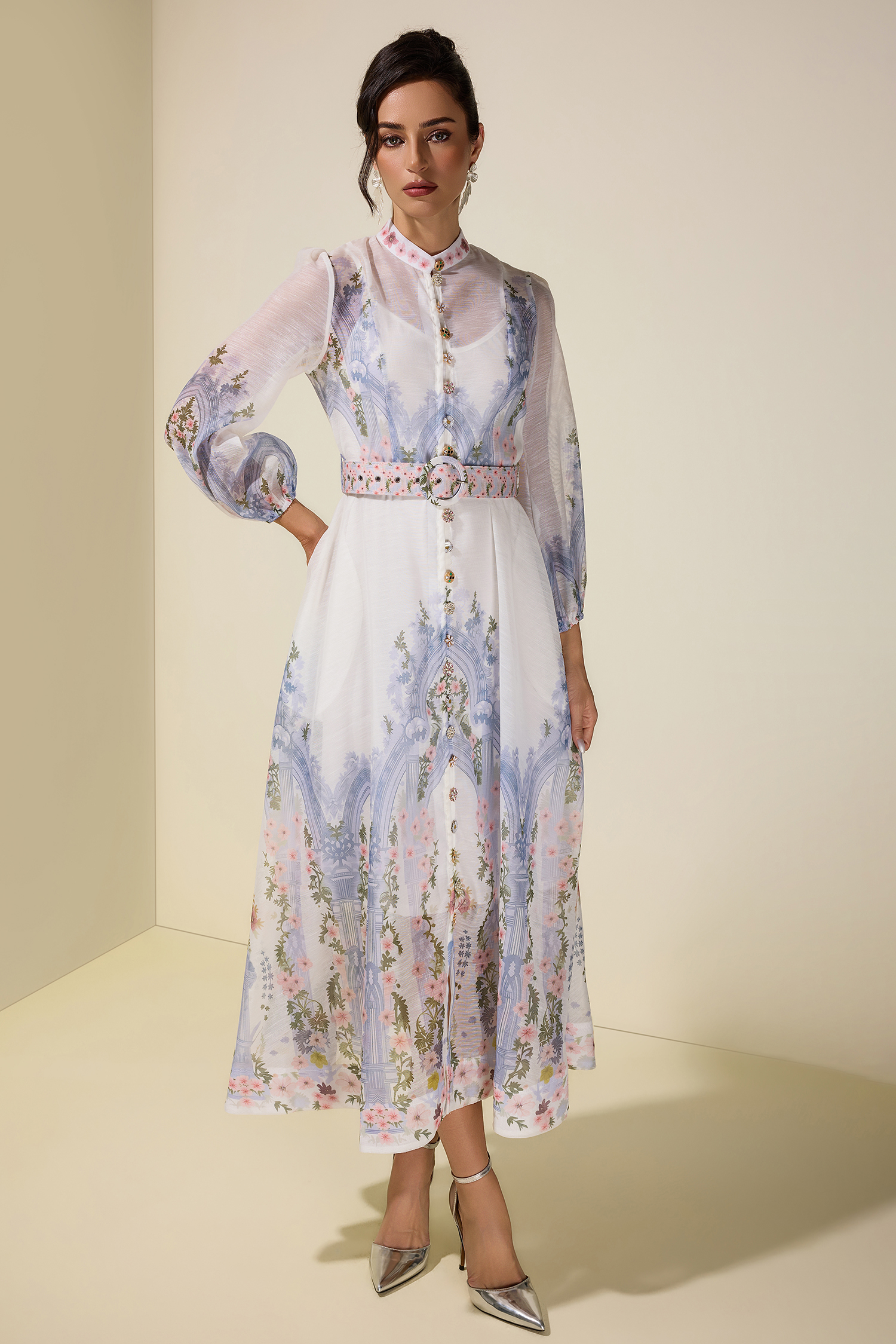 Floral Single Breasted Long Sleeve Midi Dress With Belt