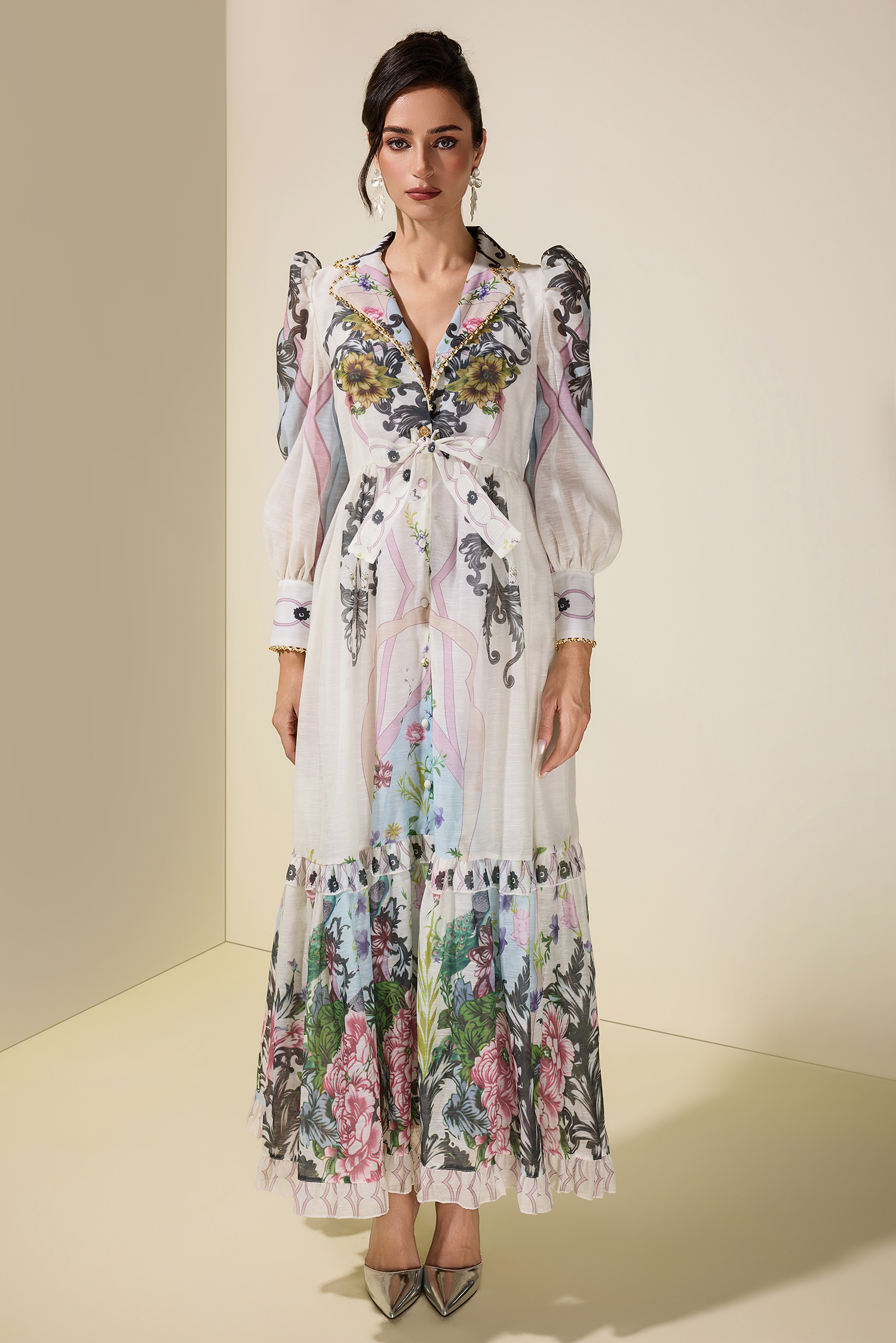 Floral Lace-Up Tailored Collar Midi Dress