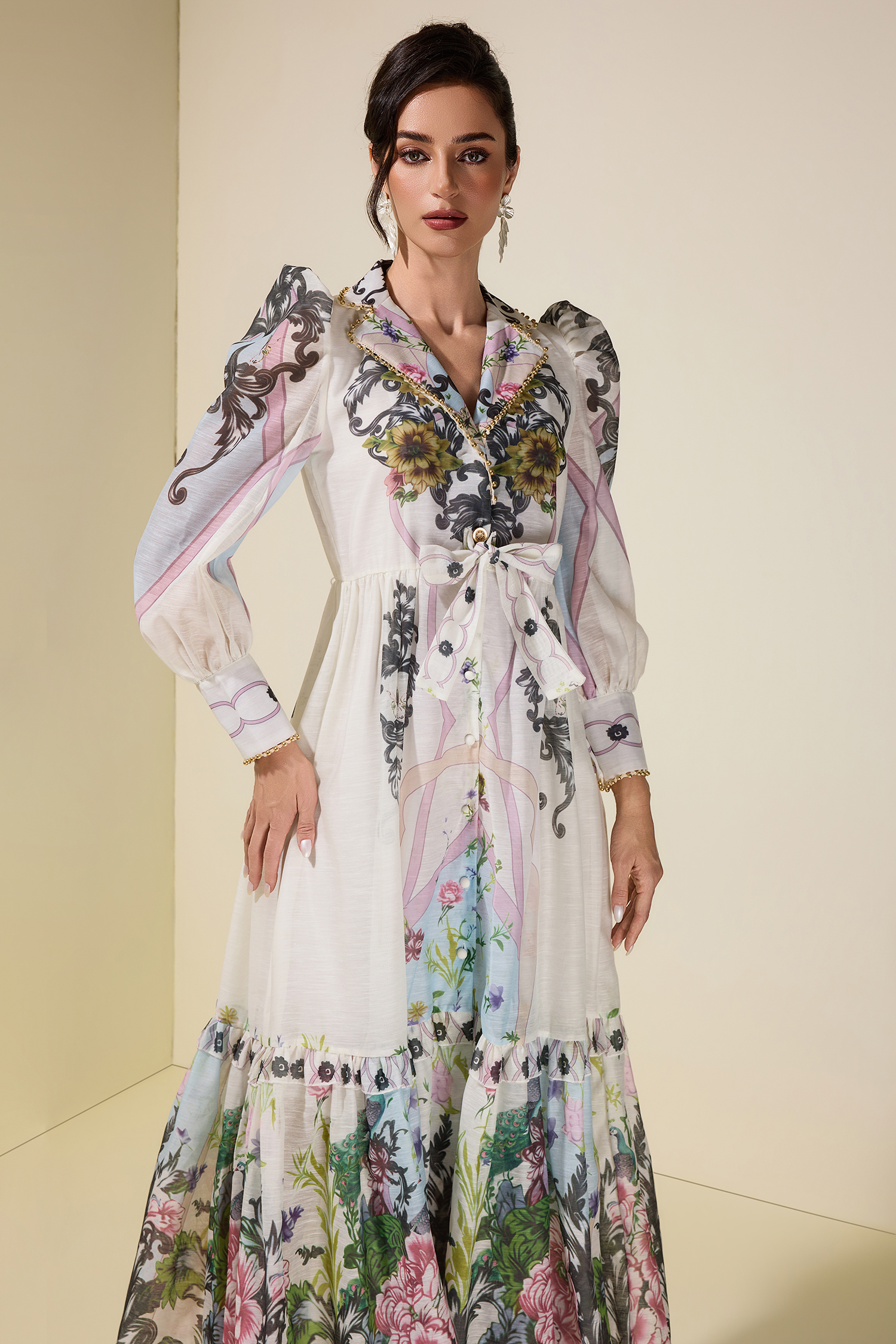 Floral Lace-Up Tailored Collar Midi Dress
