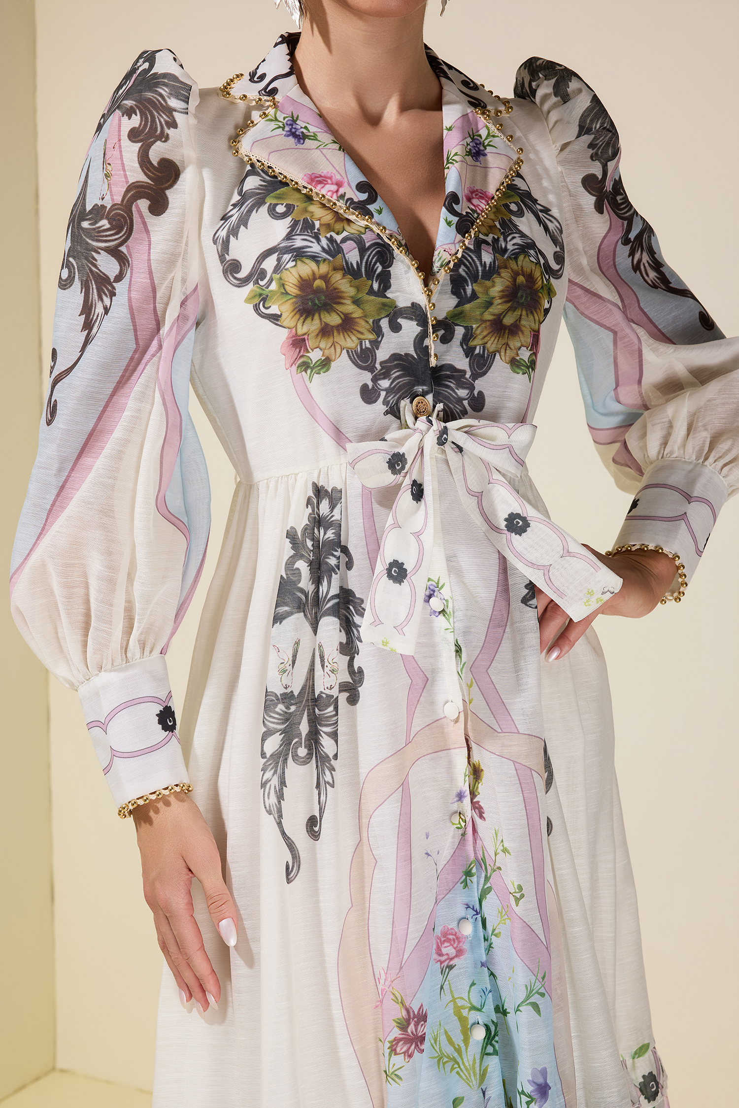 Floral Lace-Up Tailored Collar Midi Dress