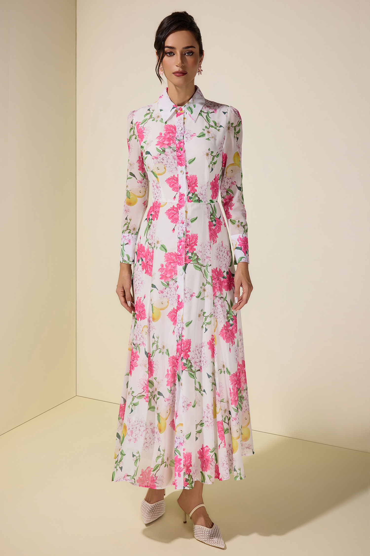 Floral Single Breasted Long Sleeve Midi Dress