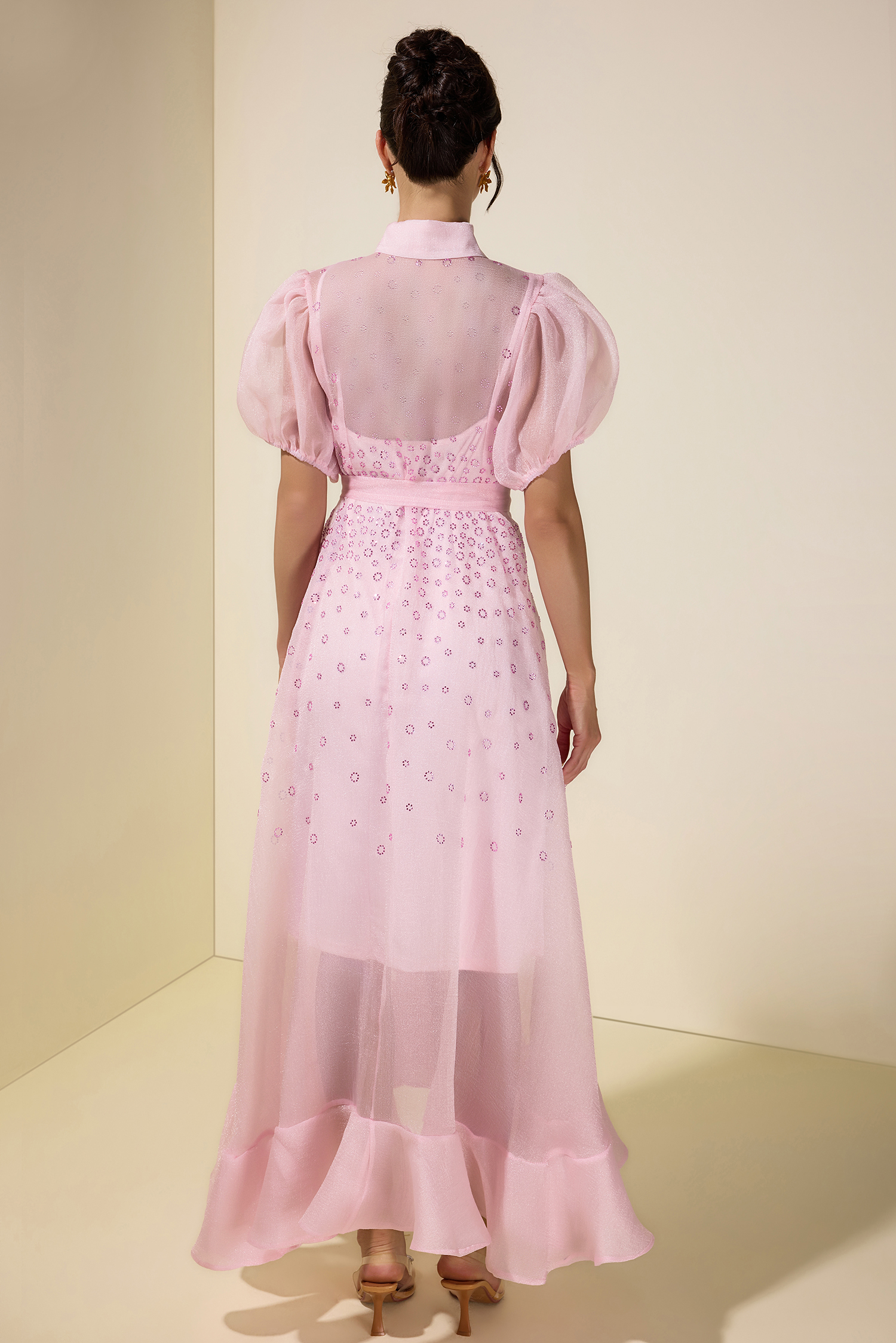 Seersucker Rhinestone Puff Sleeve Maxi Dress With Belt