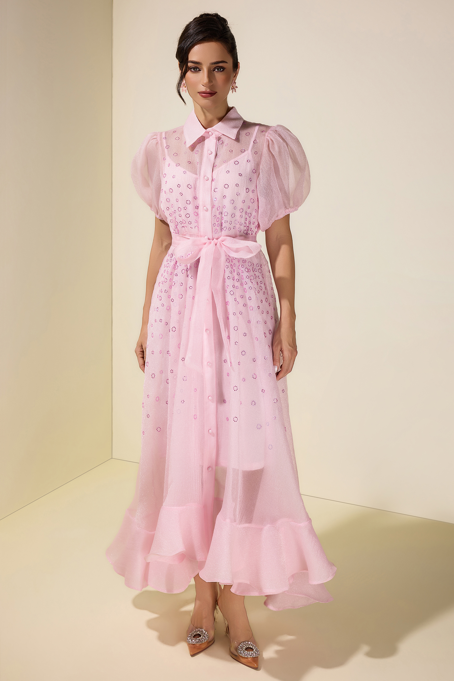 Seersucker Rhinestone Puff Sleeve Maxi Dress With Belt